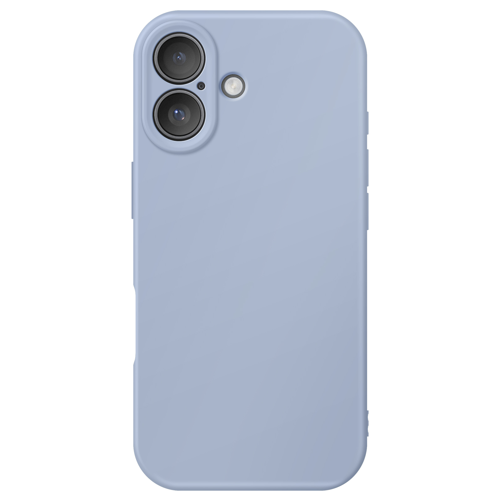 Una custodia per telefono azzurra, con fotocamera a doppia lente e flash, su sfondo bianco.