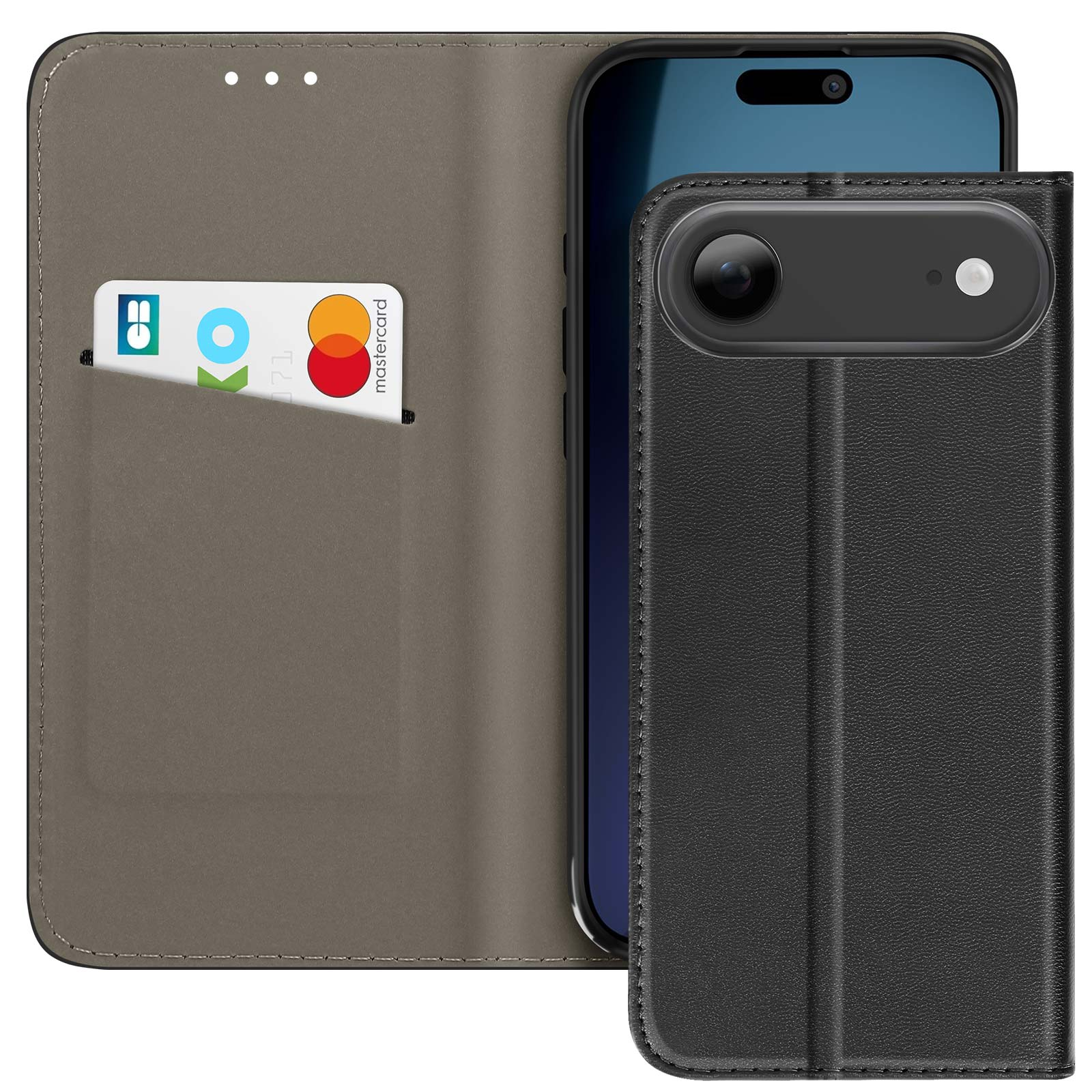 Custodia per telefono nera con un telefono all'interno. Una carta di credito è visibile in una tasca. La custodia è aperta.