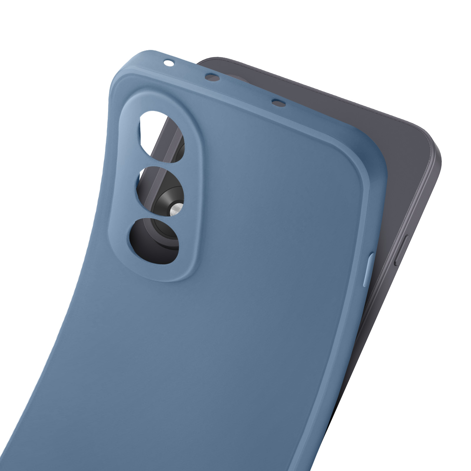 Eine blaue Handyhülle liegt auf einem schwarzen Telefon. Die Hülle hat drei Kameraausschnitte.