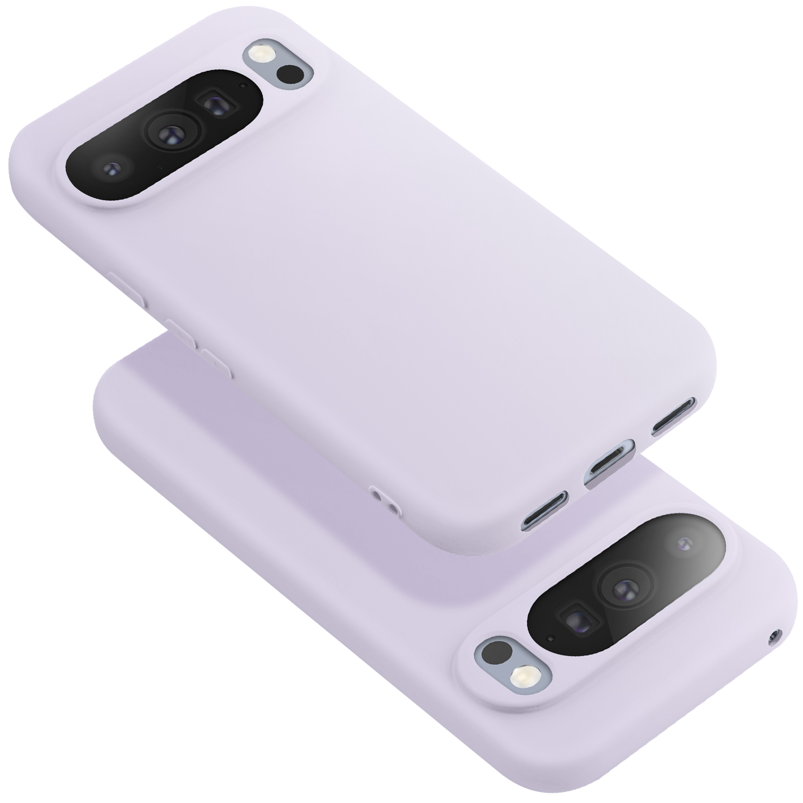 Twee lavendelkleurige telefoonhoesjes, de ene boven de andere. Elk heeft een camera-uitsparing en knoppen. Witte achtergrond.
