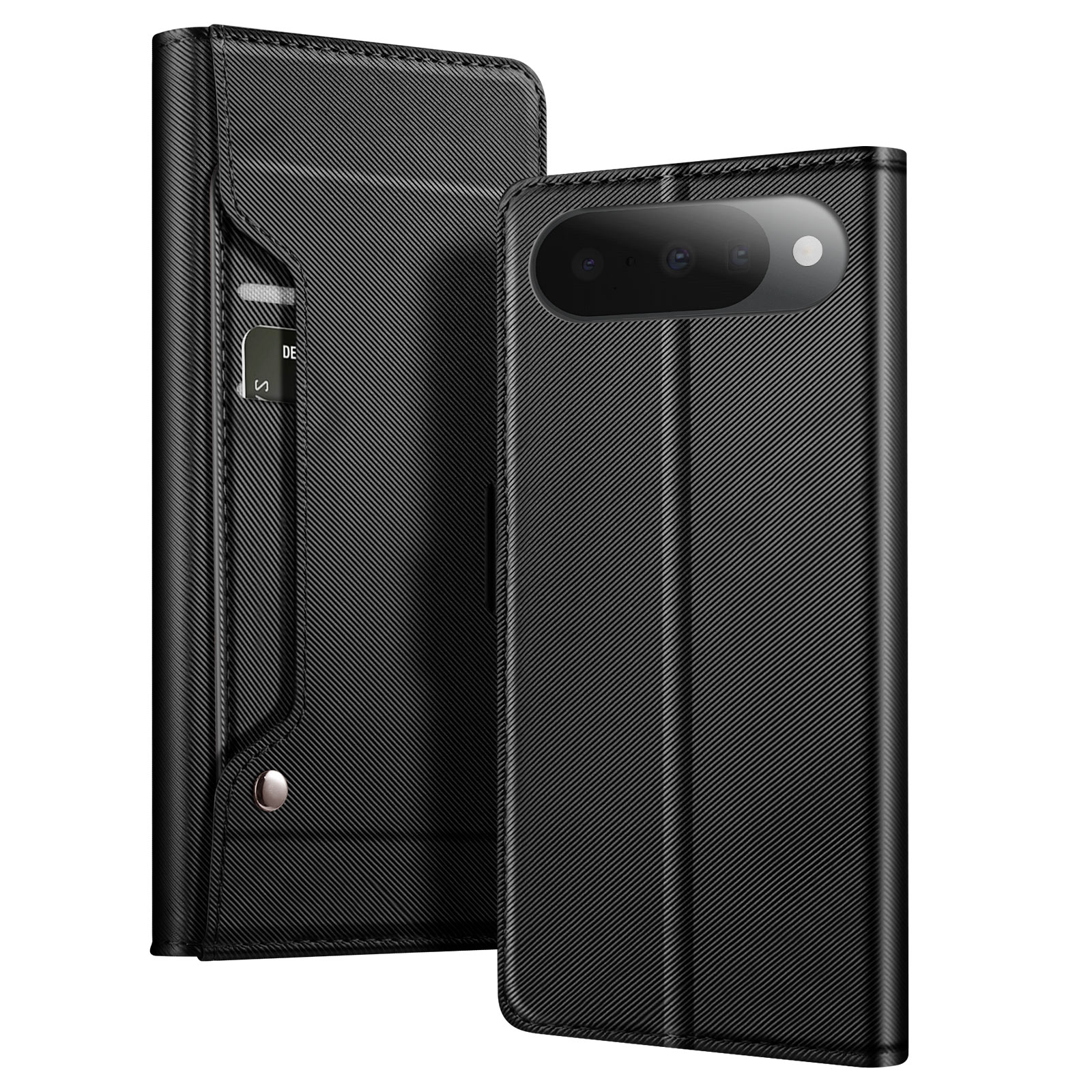 Custodia nera per telefono con finitura strutturata. Ha slot per schede e chiusura magnetica. C'è un telefono dentro.