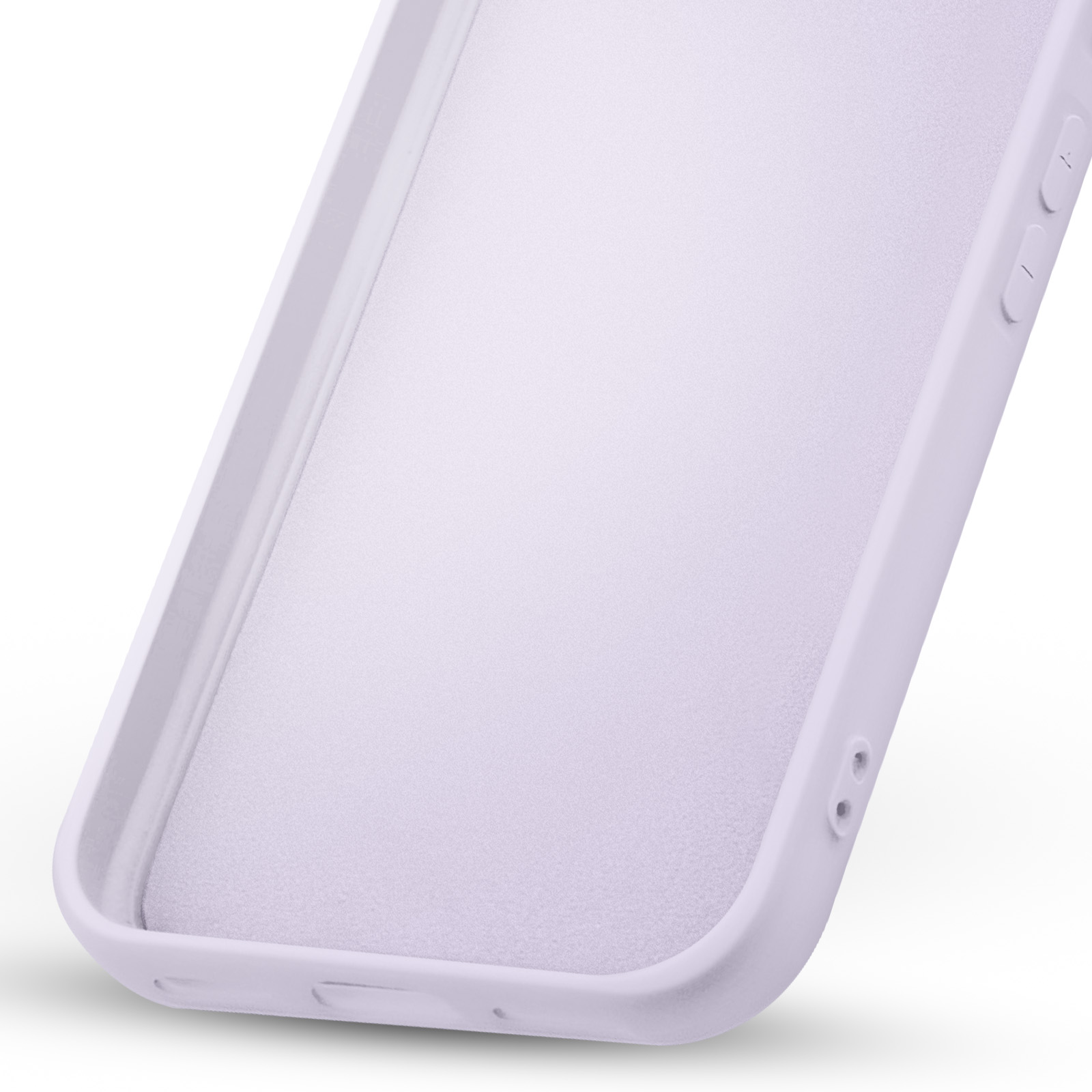 Een lichtpaarse telefoonhoes. Knoppen zijn zichtbaar aan de zijkant. De binnenkant heeft een getextureerd oppervlak.