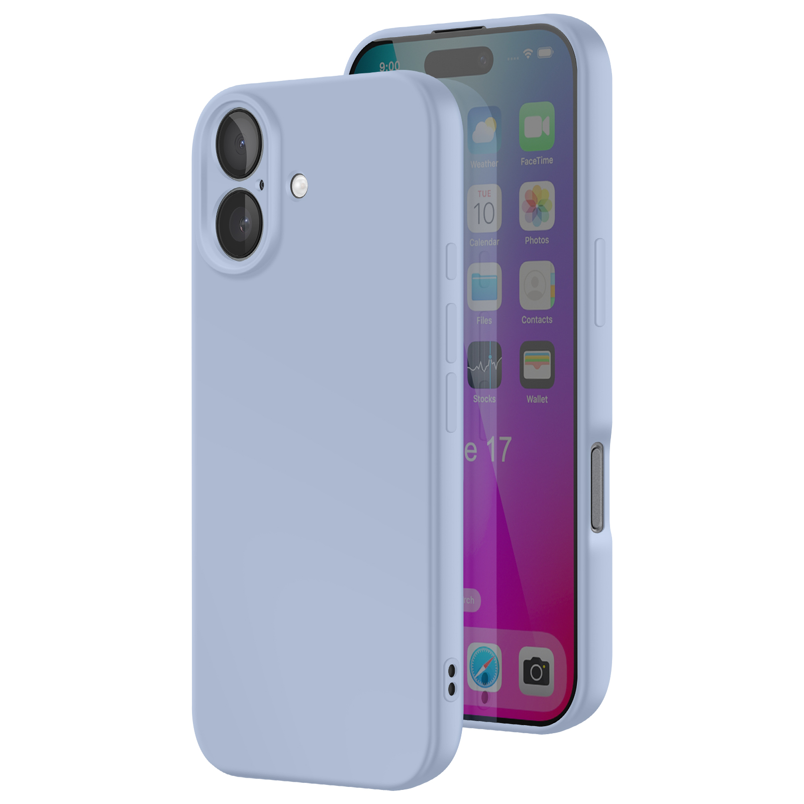Un iPhone azzurro chiaro in una custodia abbinata. Lo schermo mostra le app, con un obiettivo della fotocamera visibile a sinistra.