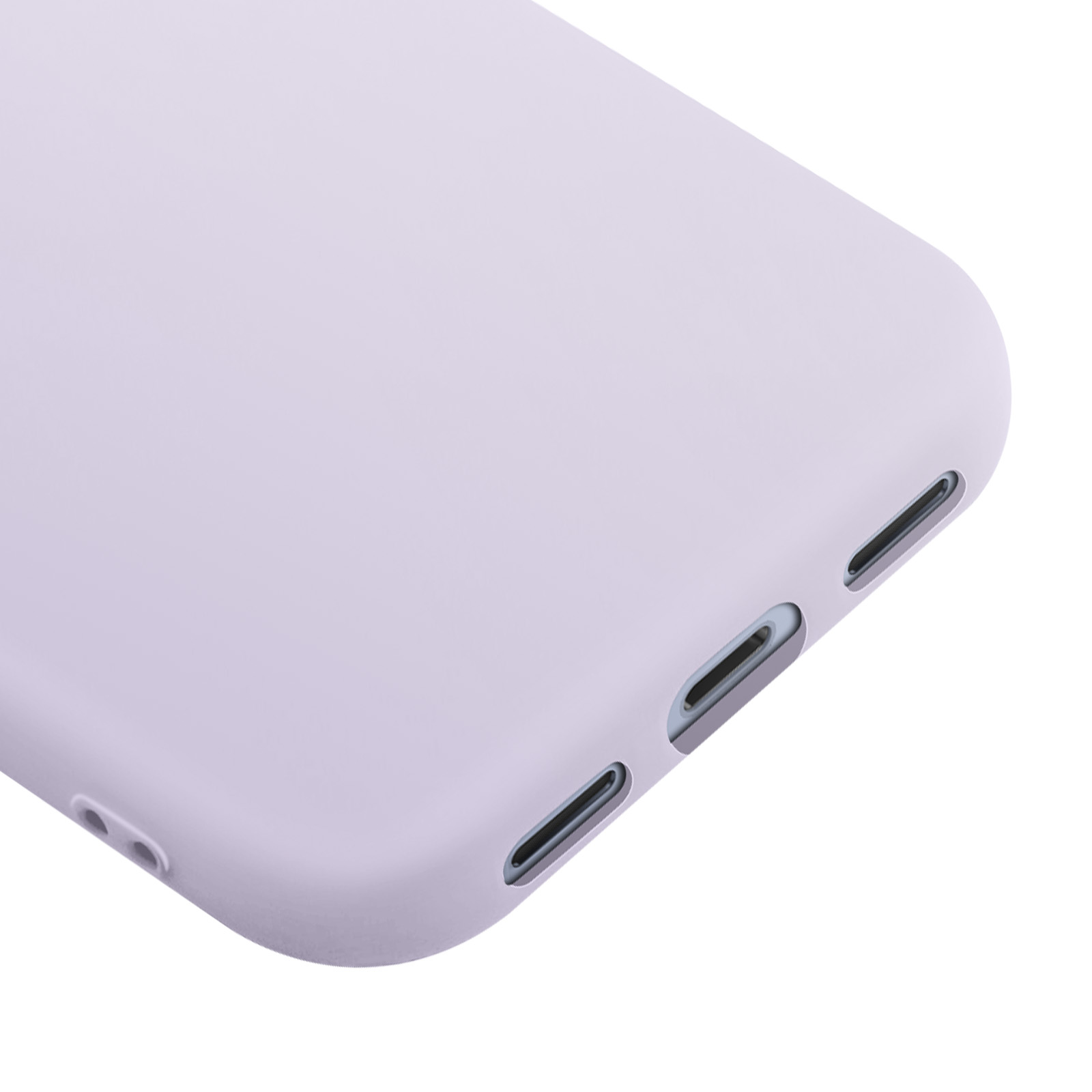 Close-up van een lichtpaarse telefoonhoes. Het heeft verschillende openingen voor knoppen en poorten, tegen een witte achtergrond.