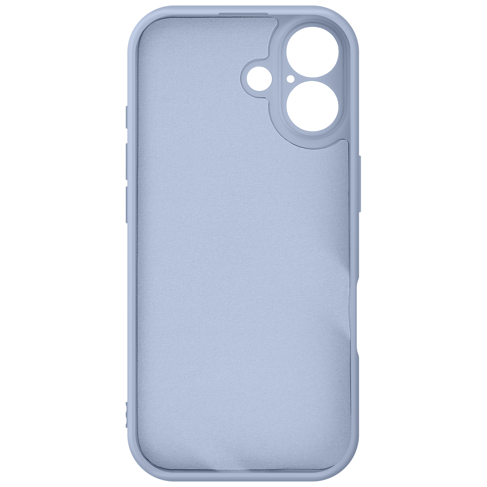 Una custodia per telefono blu chiaro con ritagli per fotocamera. La custodia ha una trama opaca e un telaio liscio.