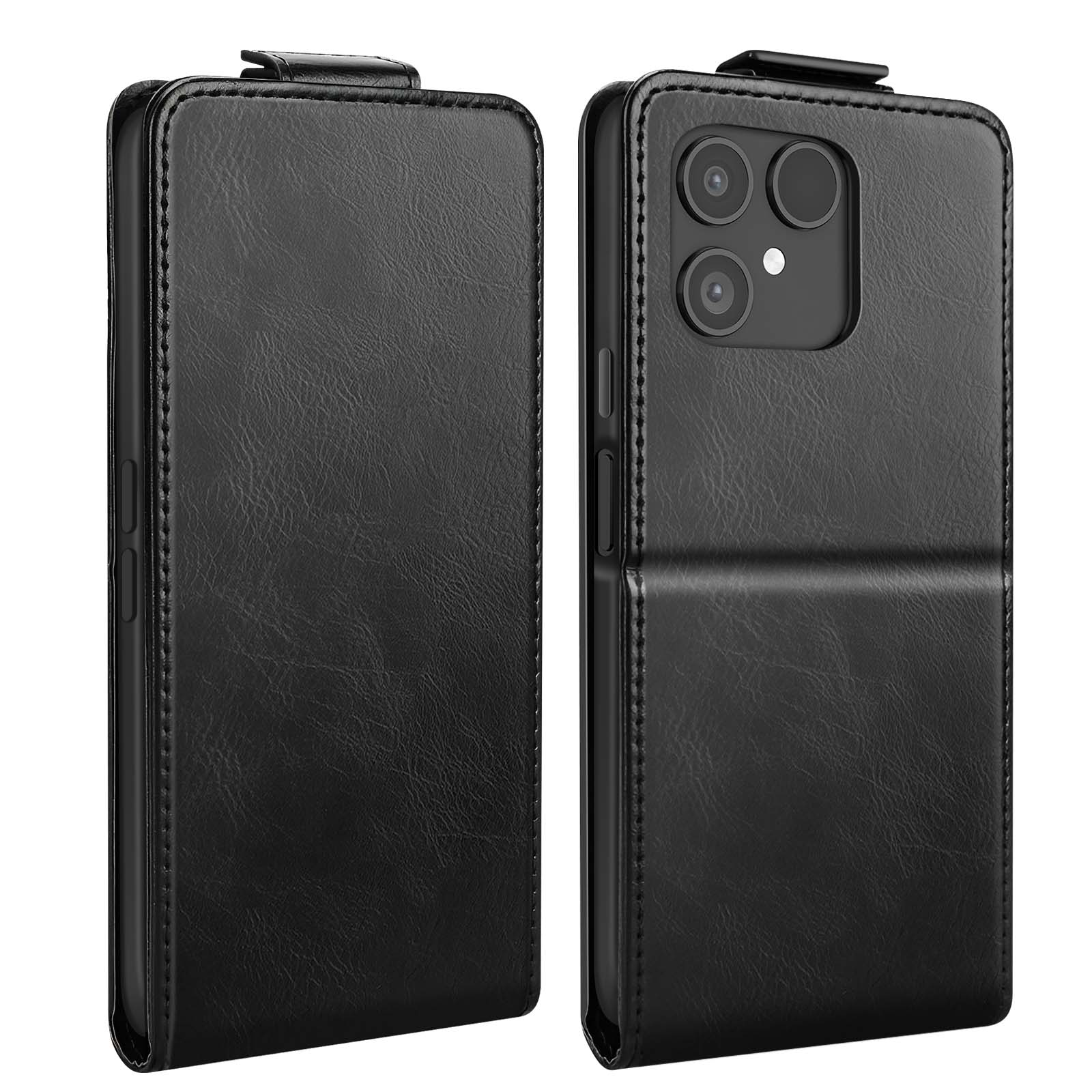 Custodia per telefono in pelle nera, aperta e chiusa. La custodia aperta mostra un telefono con tre fotocamere. Le custodie hanno una chiusura magnetica.