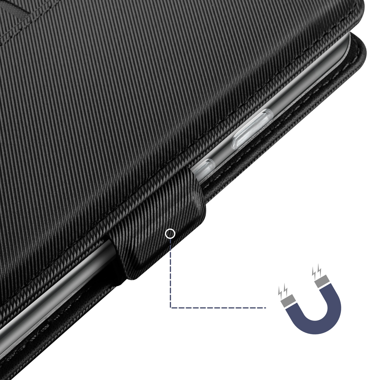 Primo piano di una custodia per telefono nera con texture a coste, un telefono e un simbolo magnetico.
