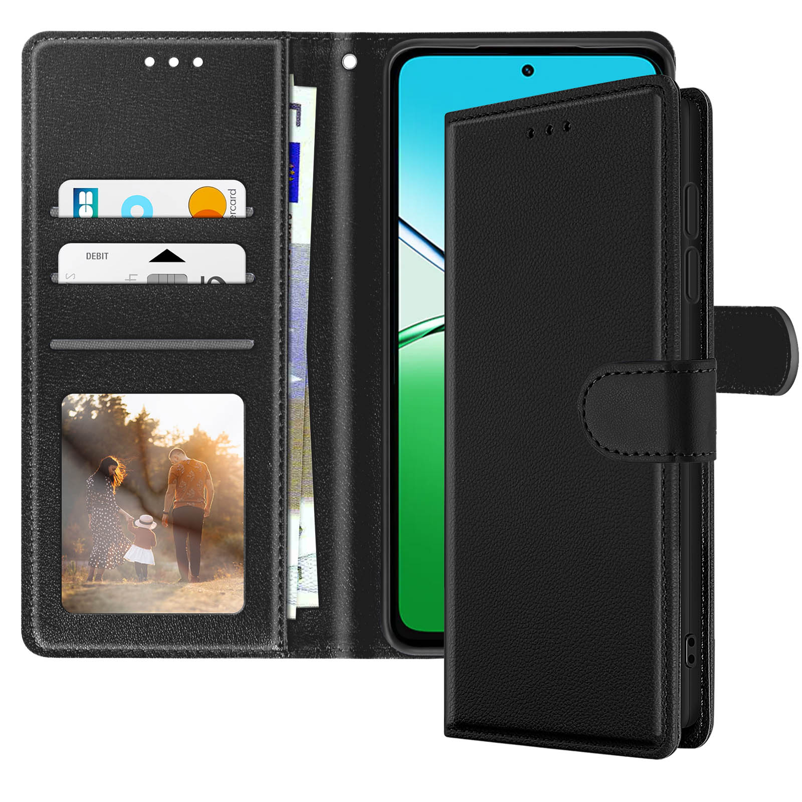 Custodia a portafoglio nera per telefono aperta, con telefono, carte e foto di famiglia. Lato chiuso con chiusura.