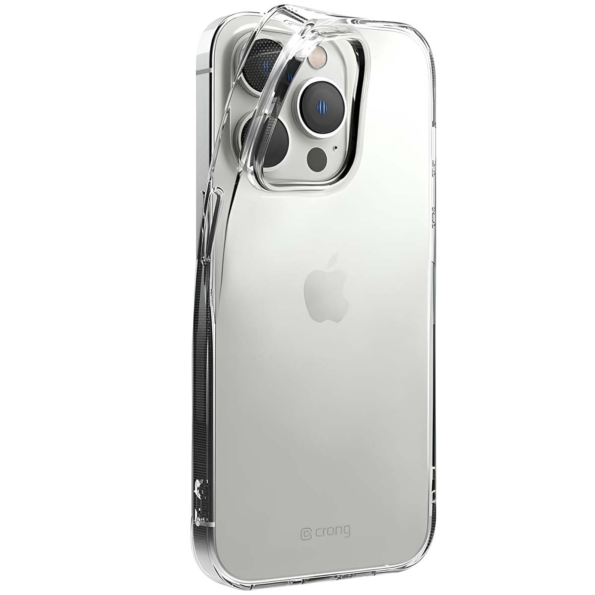 Custodia trasparente su un iPhone argento. La custodia rivela la fotocamera e il logo Apple. Il marchio 'crong' è visibile.