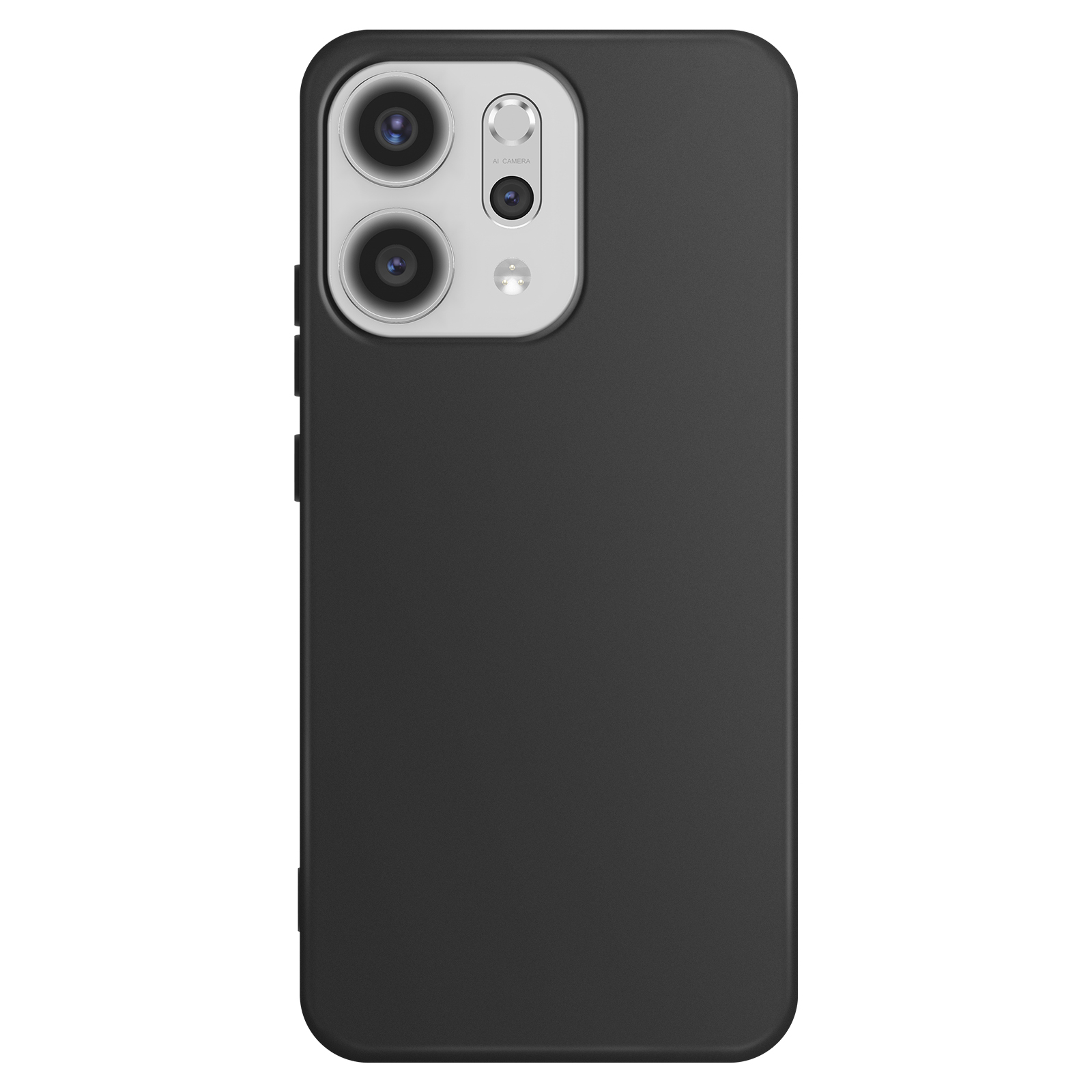 Una custodia nera per smartphone con lenti della fotocamera. La custodia è nera, le lenti sono argentate.