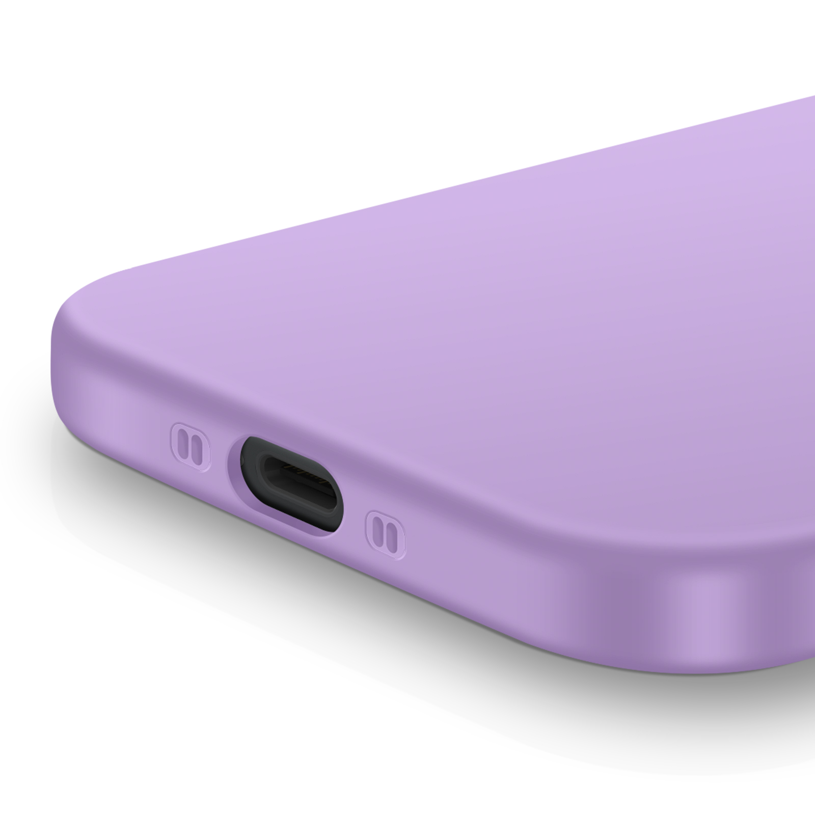 Primo piano di una custodia per telefono color lavanda. Ha una porta di ricarica e due piccoli fori per altoparlanti. Lo sfondo è bianco.