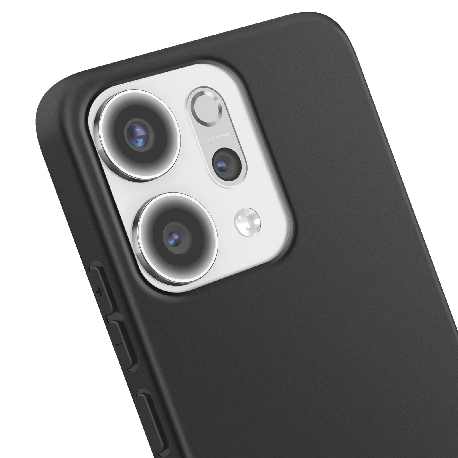 Primo piano di una custodia nera per telefono con lenti della fotocamera. La custodia ha pulsanti laterali e un modulo fotocamera lucido.