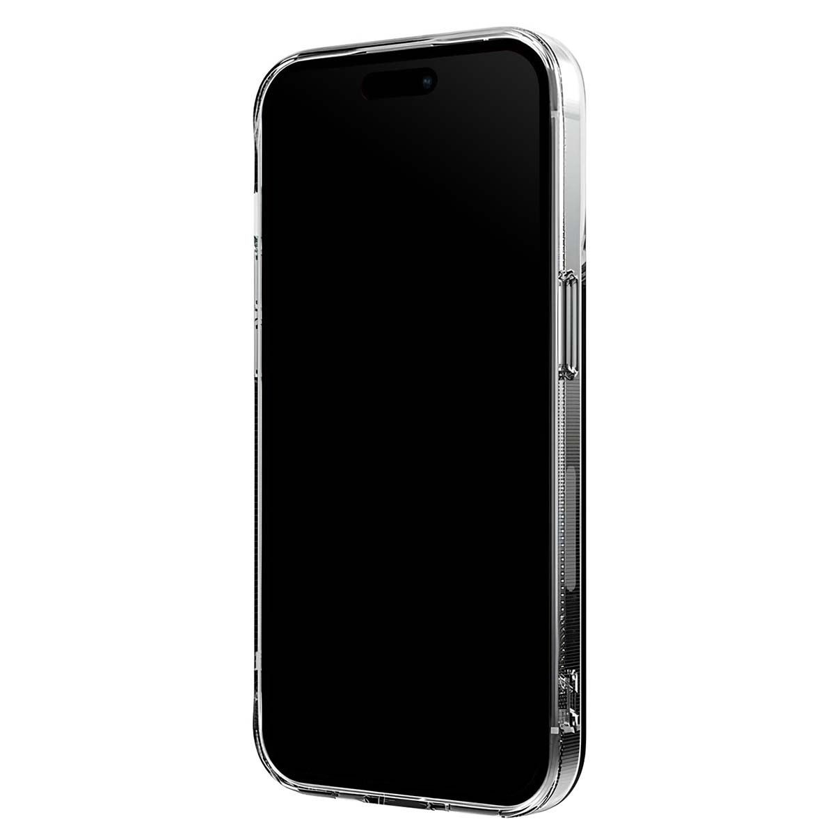Una custodia trasparente per telefono racchiude uno smartphone nero. Il telefono è in posizione verticale, mostrando lo schermo. Lo sfondo è bianco.