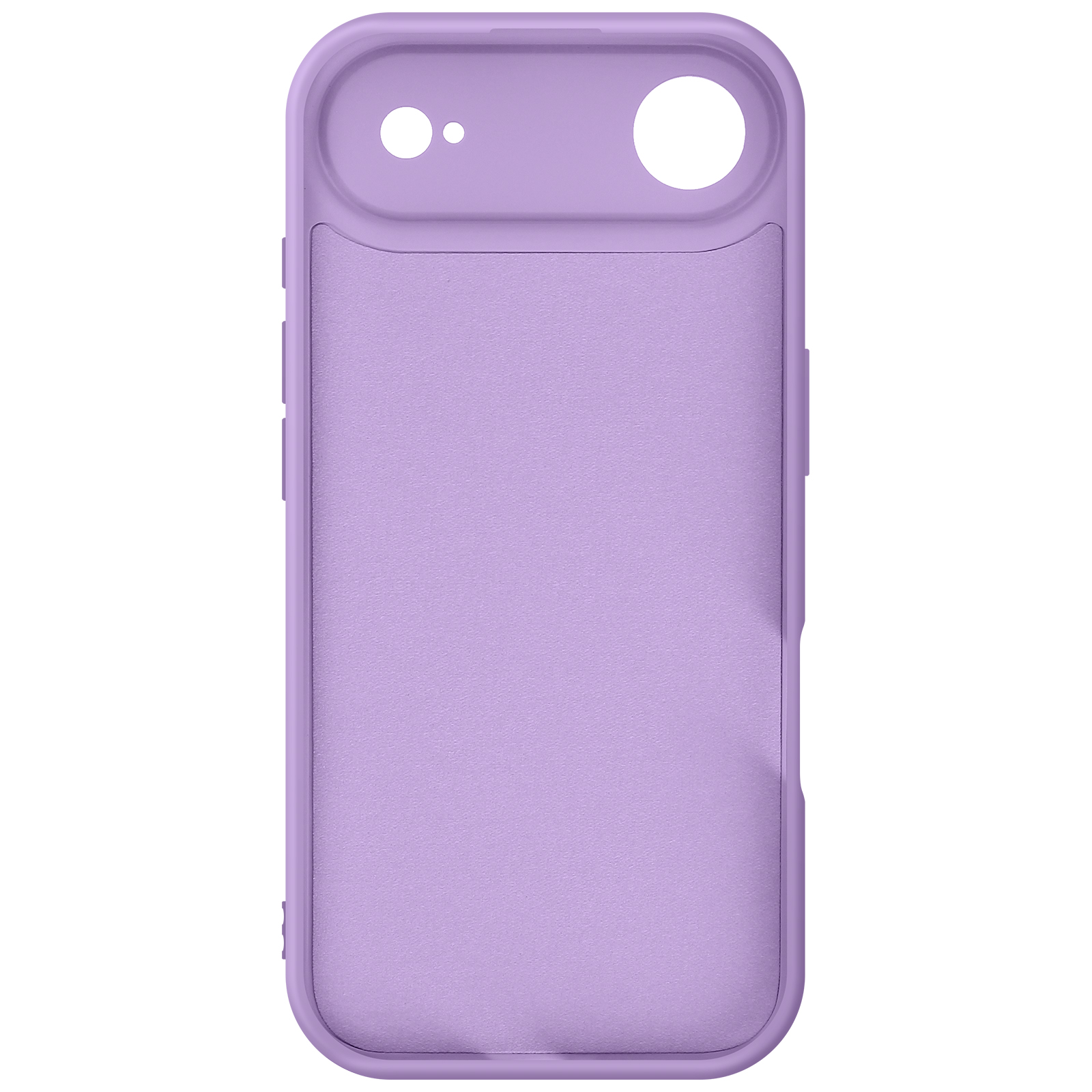 Una custodia per telefono lavanda, con aperture per fotocamera e pulsanti. La trama è leggermente ruvida, con cornice liscia.