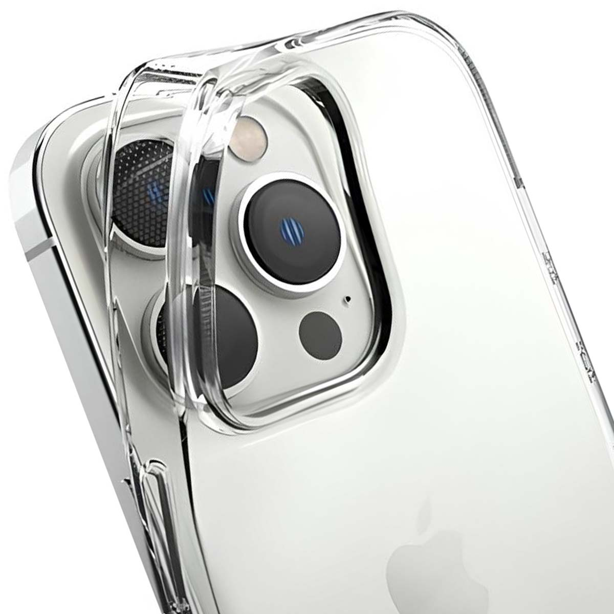 Primo piano di una custodia trasparente per telefono su uno smartphone. Il telefono ha più obiettivi. La custodia è trasparente.