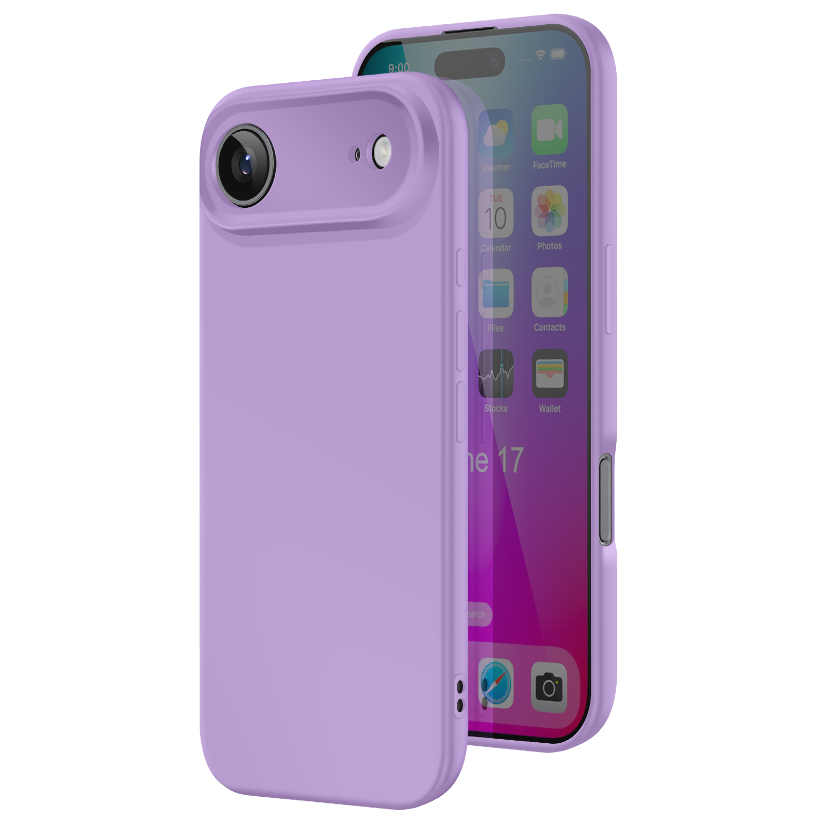 Un iPhone 17 lilla all'interno di una custodia abbinata. Lo schermo del telefono mostra le icone delle app. La custodia ha un rilievo per la fotocamera.