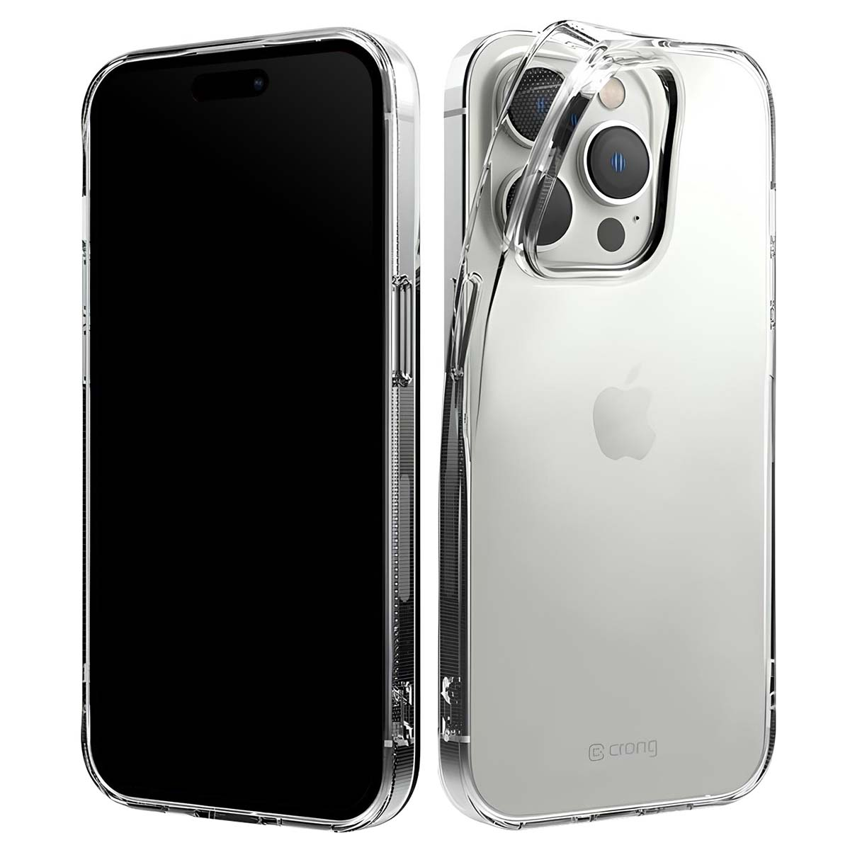 Due custodie trasparenti per telefono. Una mostra lo schermo, l'altra il retro con le lenti della fotocamera e il logo Apple. Entrambe trasparenti.