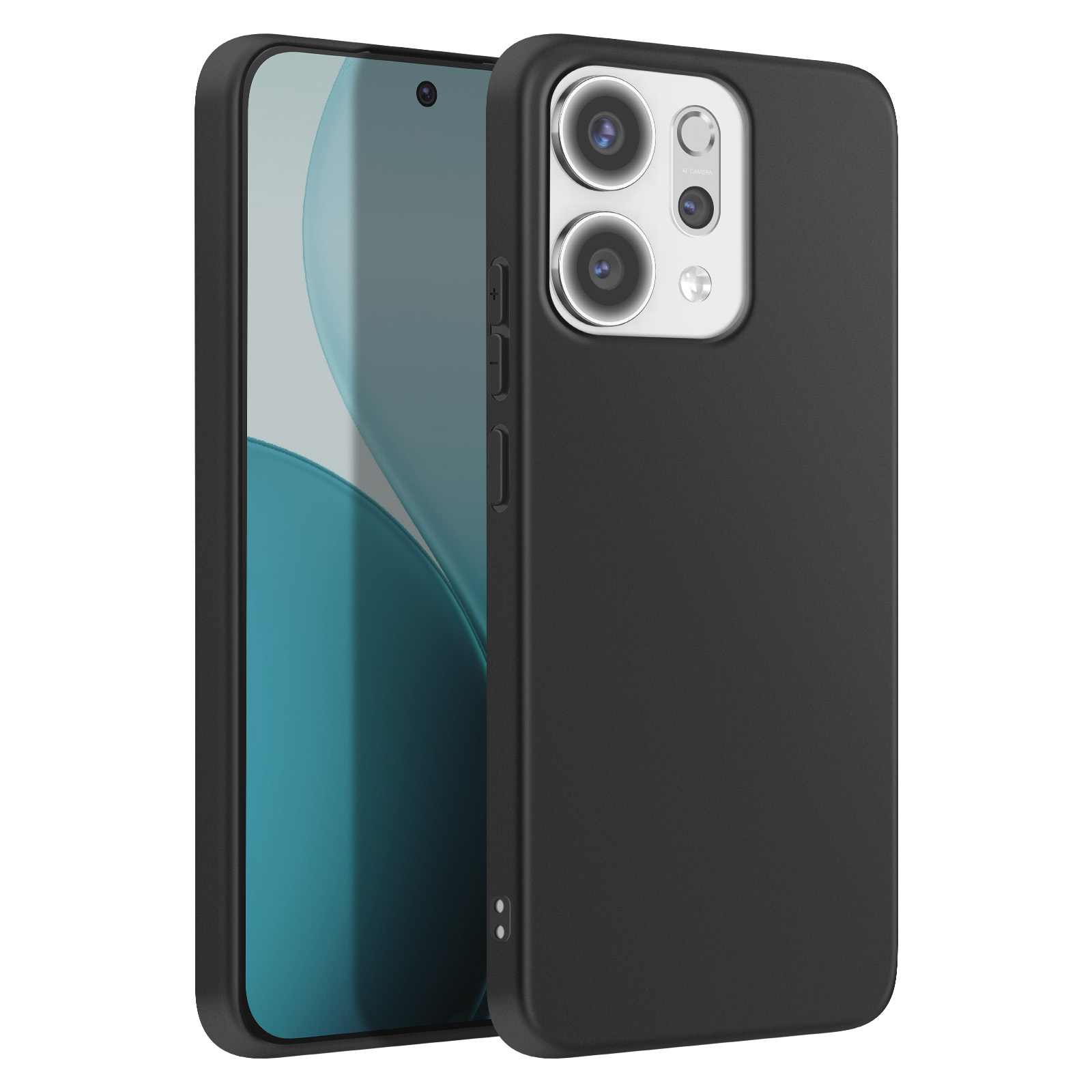 Custodia nera per telefono con telefono all'interno. La custodia ha un ritaglio per la fotocamera. Lo schermo del telefono è visibile.