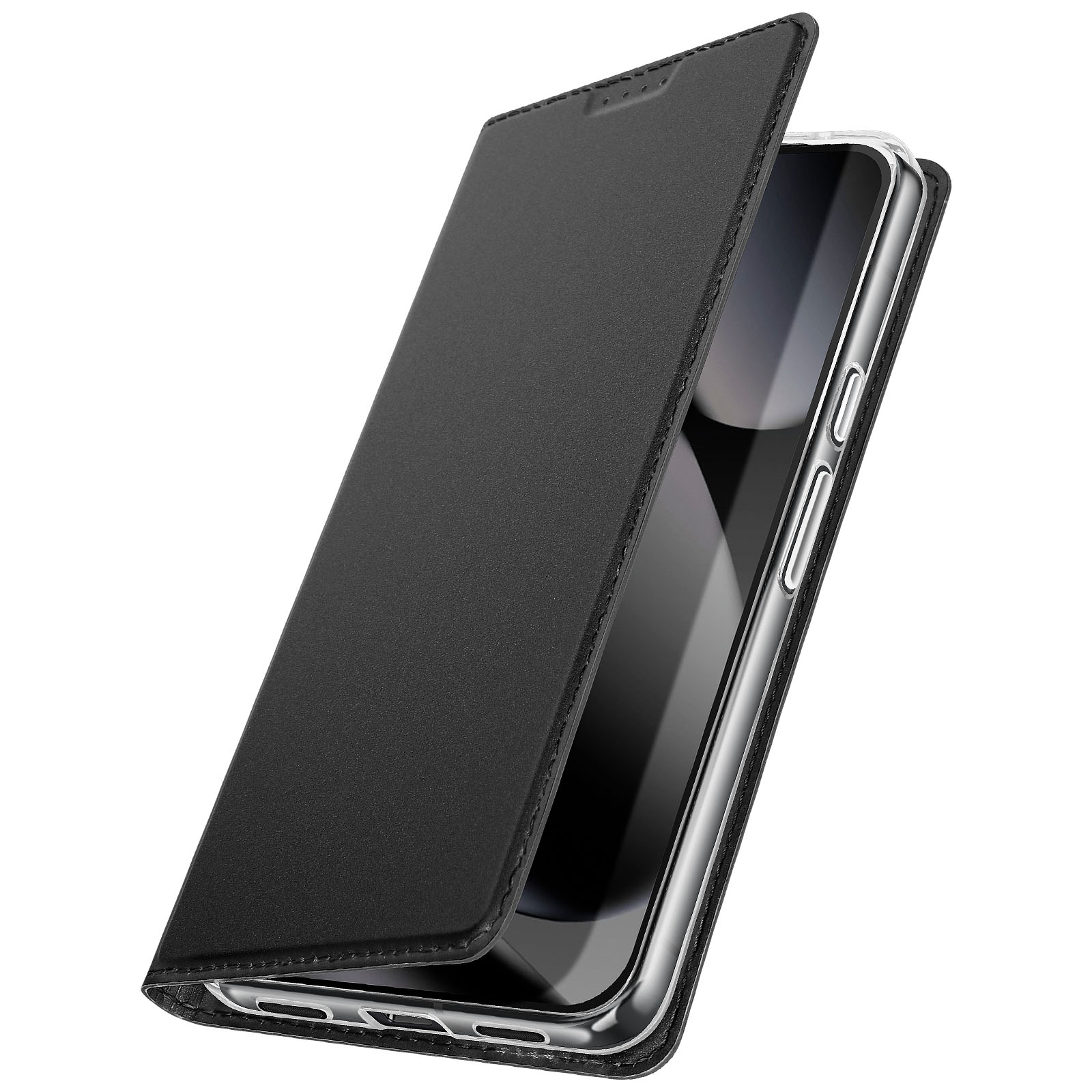 Custodia nera per telefono aperta, che rivela il telefono. La custodia ha bordi cuciti. Lo schermo del telefono è visibile.