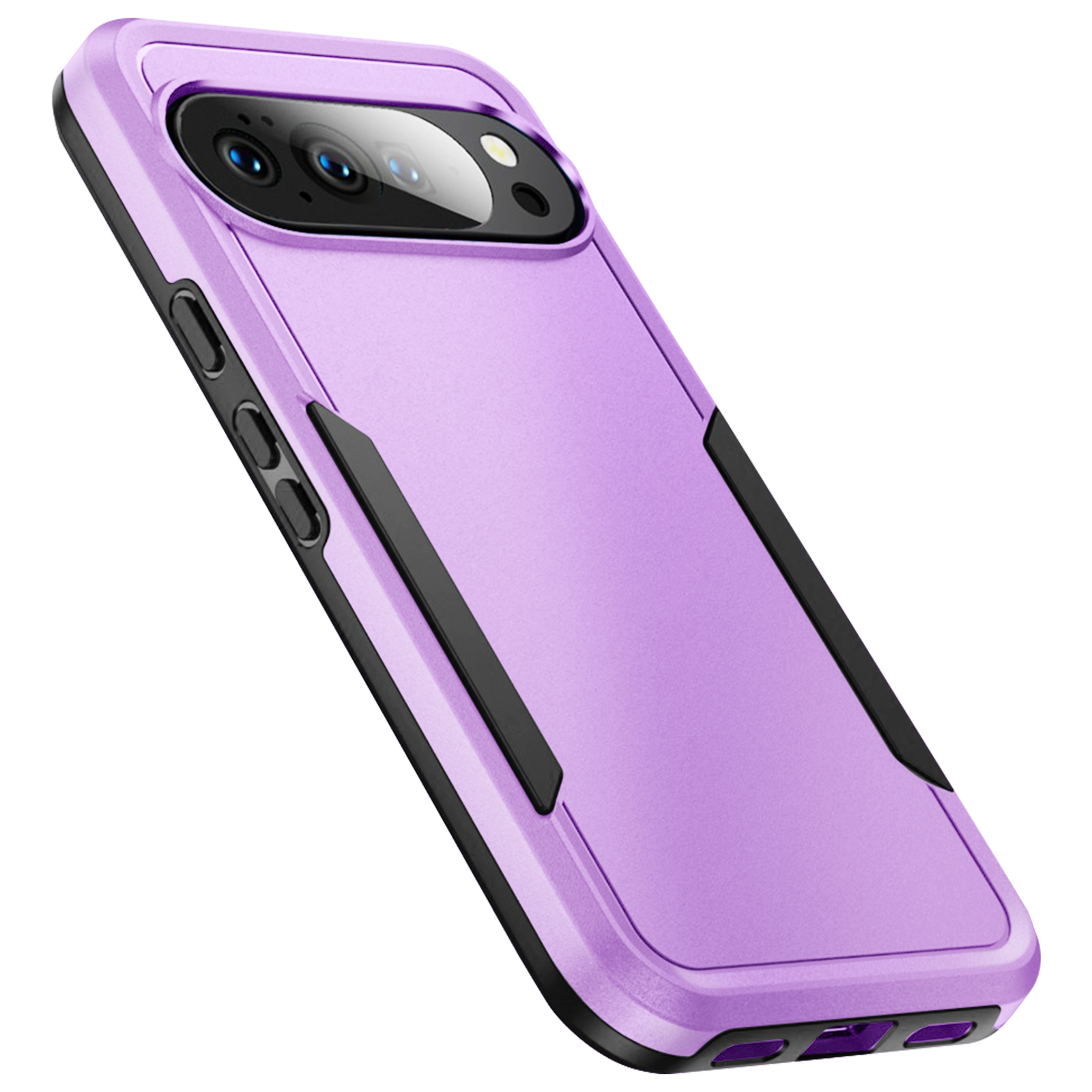 Una custodia per telefono lavanda con dettagli neri e lenti della fotocamera. La custodia è angolata.