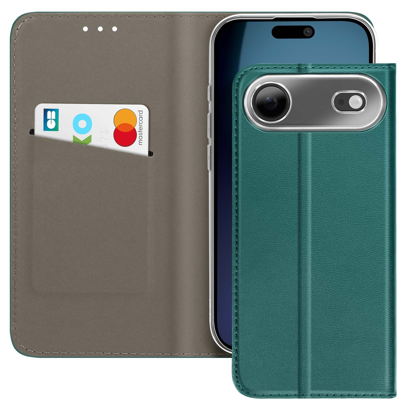 Una custodia per telefono verde acqua con un telefono all'interno. Una carta di credito è in uno slot. La custodia è aperta.