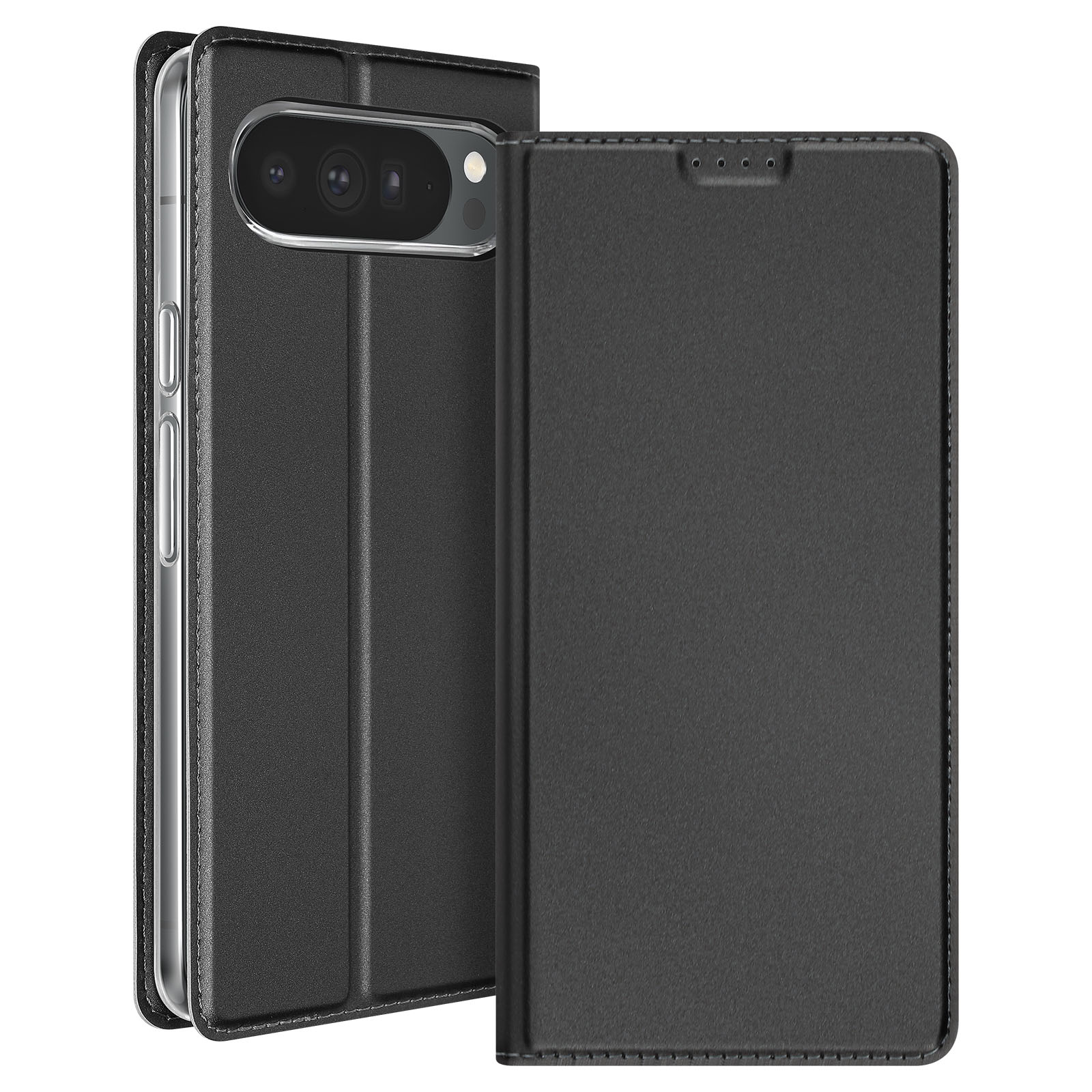 Custodia nera per telefono, aperta, che mostra il telefono e la cover. La custodia ha una superficie strutturata e cuciture.