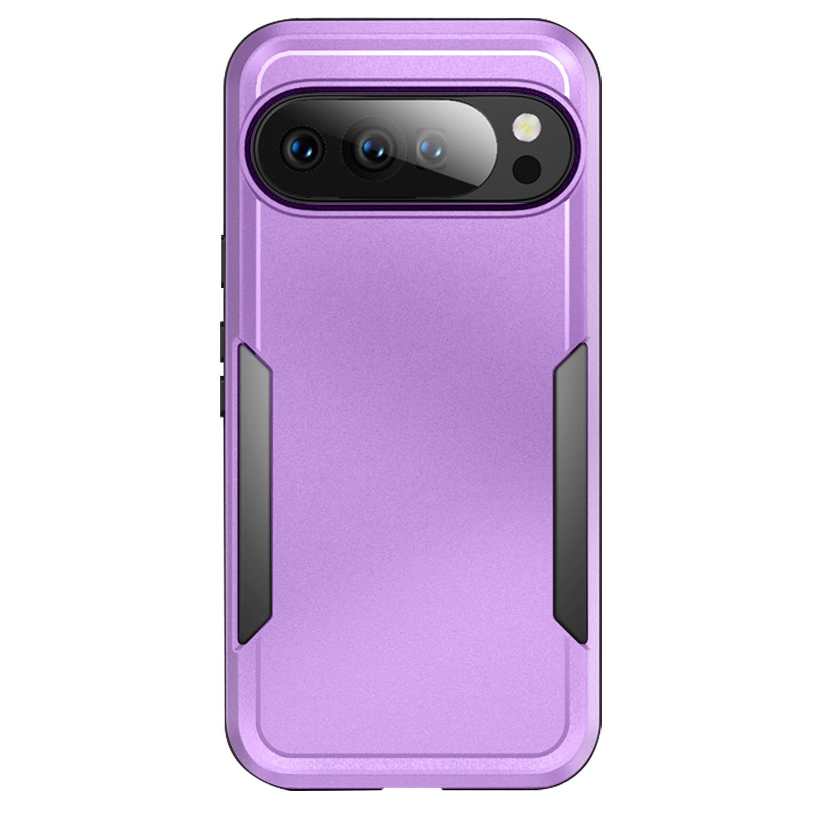 Una custodia per telefono viola con dettagli neri, con fori per la fotocamera. Il design è simmetrico con superficie strutturata.