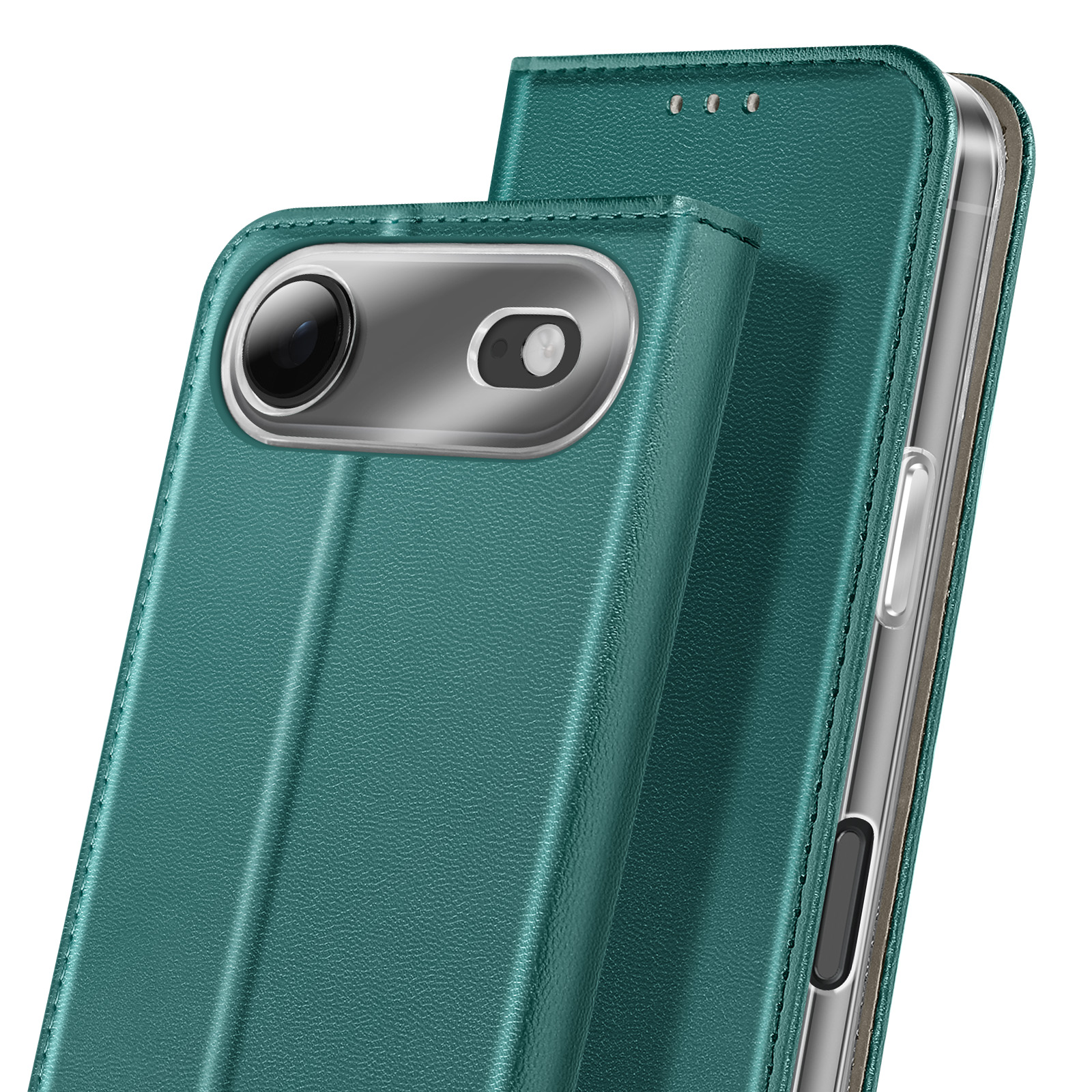 Custodia per telefono verde acqua, aperta. Fotocamera del telefono visibile. La custodia ha superficie strutturata.