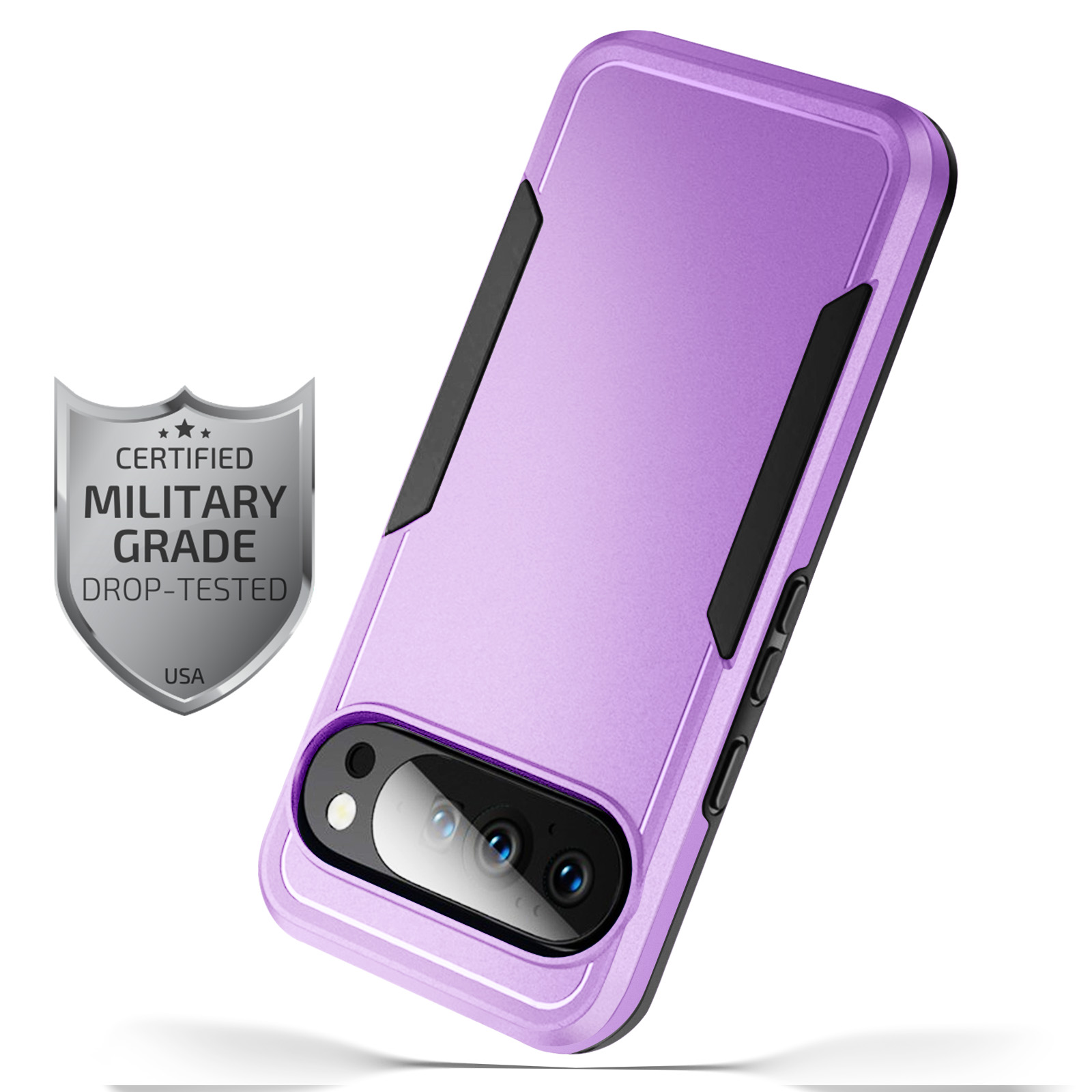 Custodia per telefono viola con dettagli neri. Grado militare, testata contro le cadute, certificata USA. Obiettivo della fotocamera visibile.