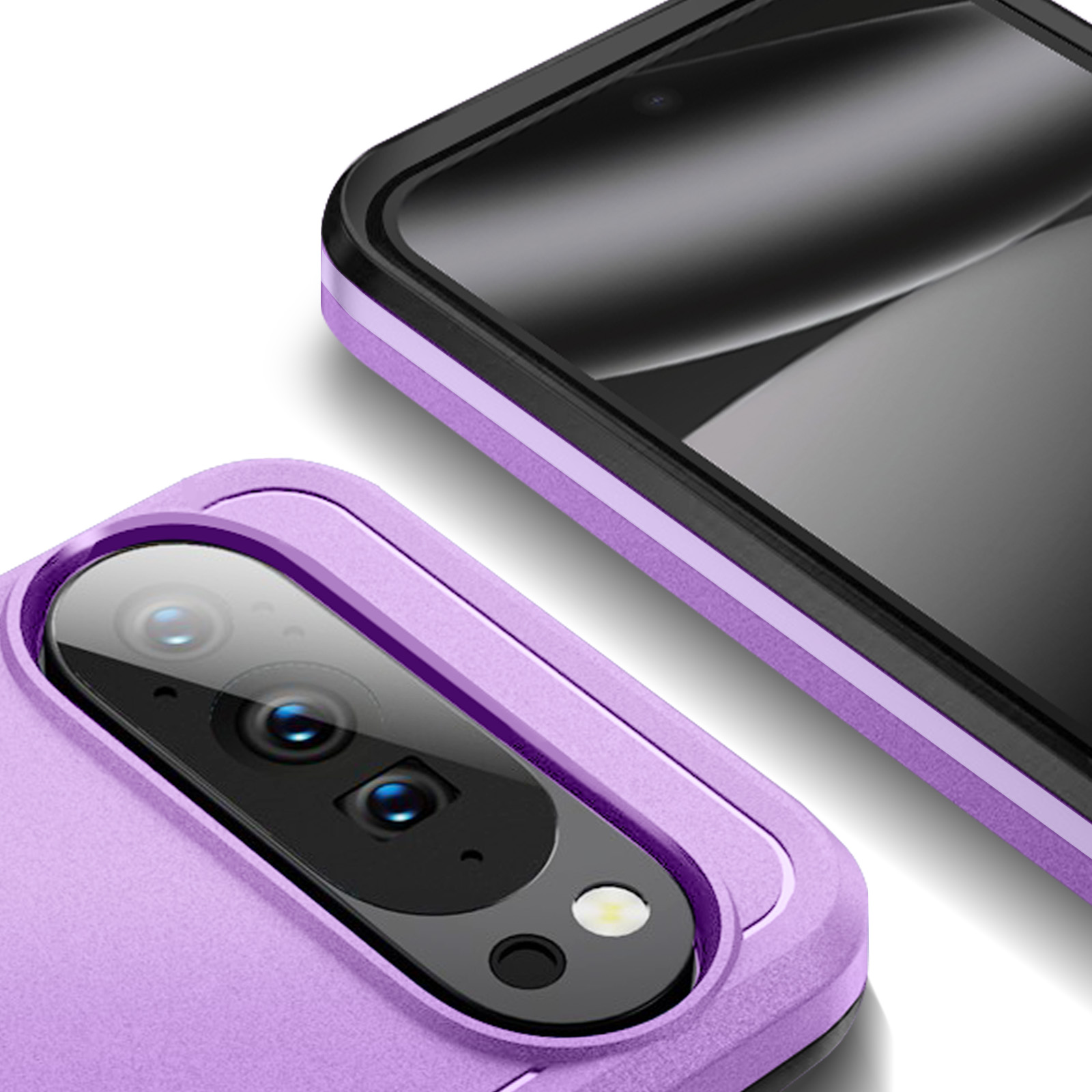 Primo piano di un telefono con custodia viola, che evidenzia le lenti della fotocamera. Un'altra parte del telefono visibile. Sfondo bianco.