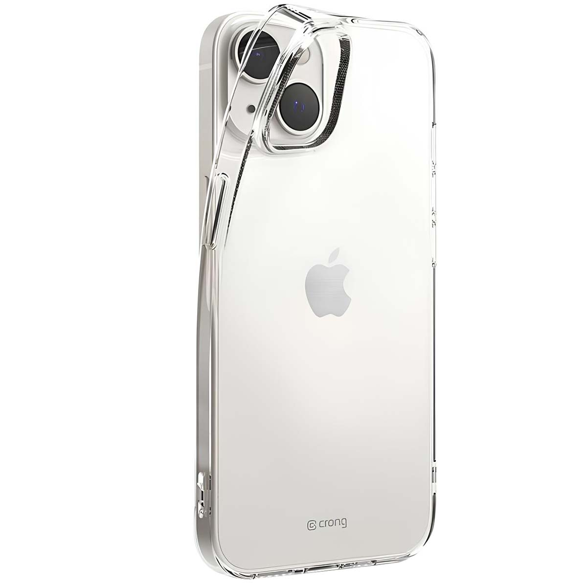 Una custodia trasparente per telefono su un iPhone bianco. La custodia ha un design trasparente. Il logo Apple è visibile. Il marchio "crong" è in basso.