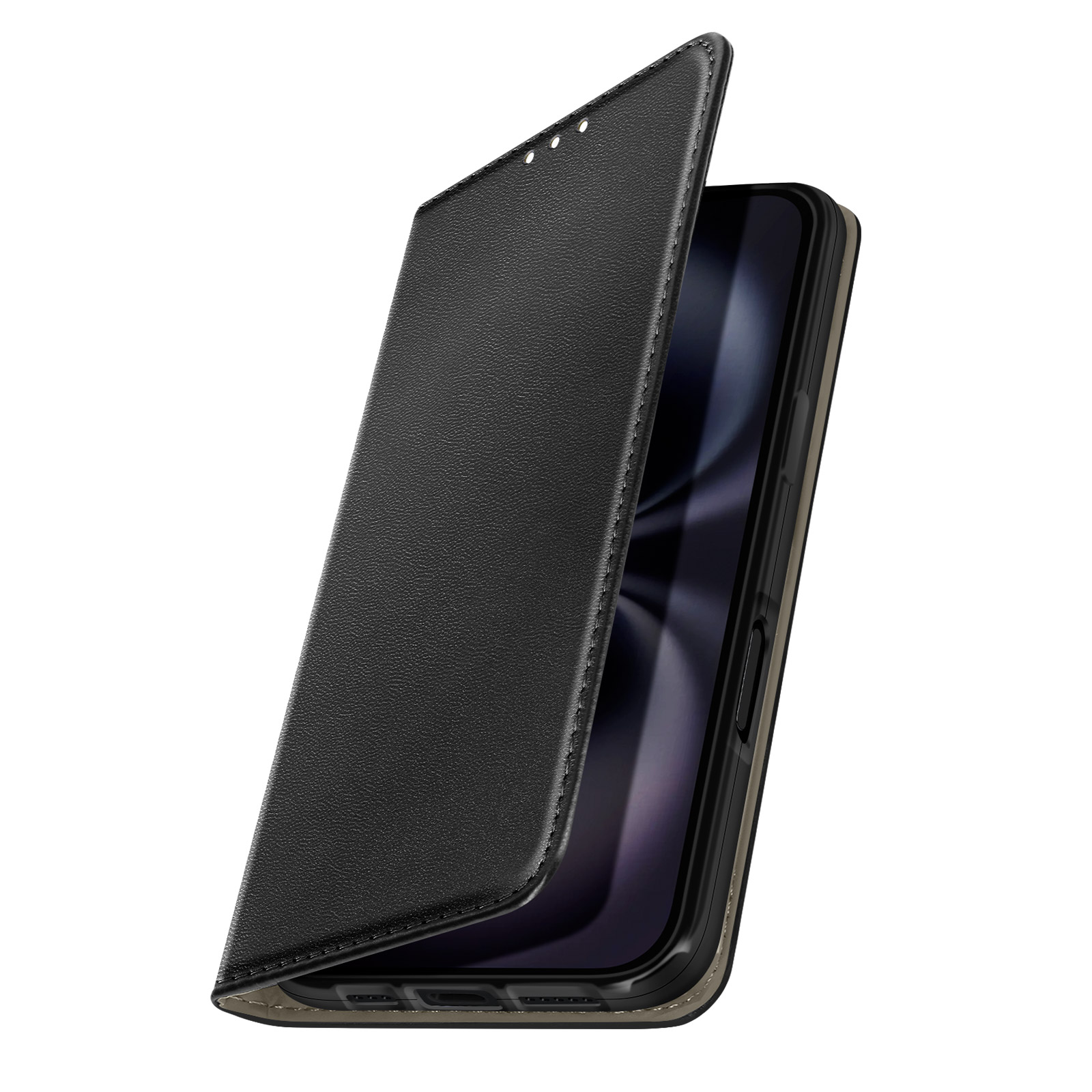 Een zwarte telefoonhoes met een openstaande klep, die het telefoonscherm onthult. Witte achtergrond.
