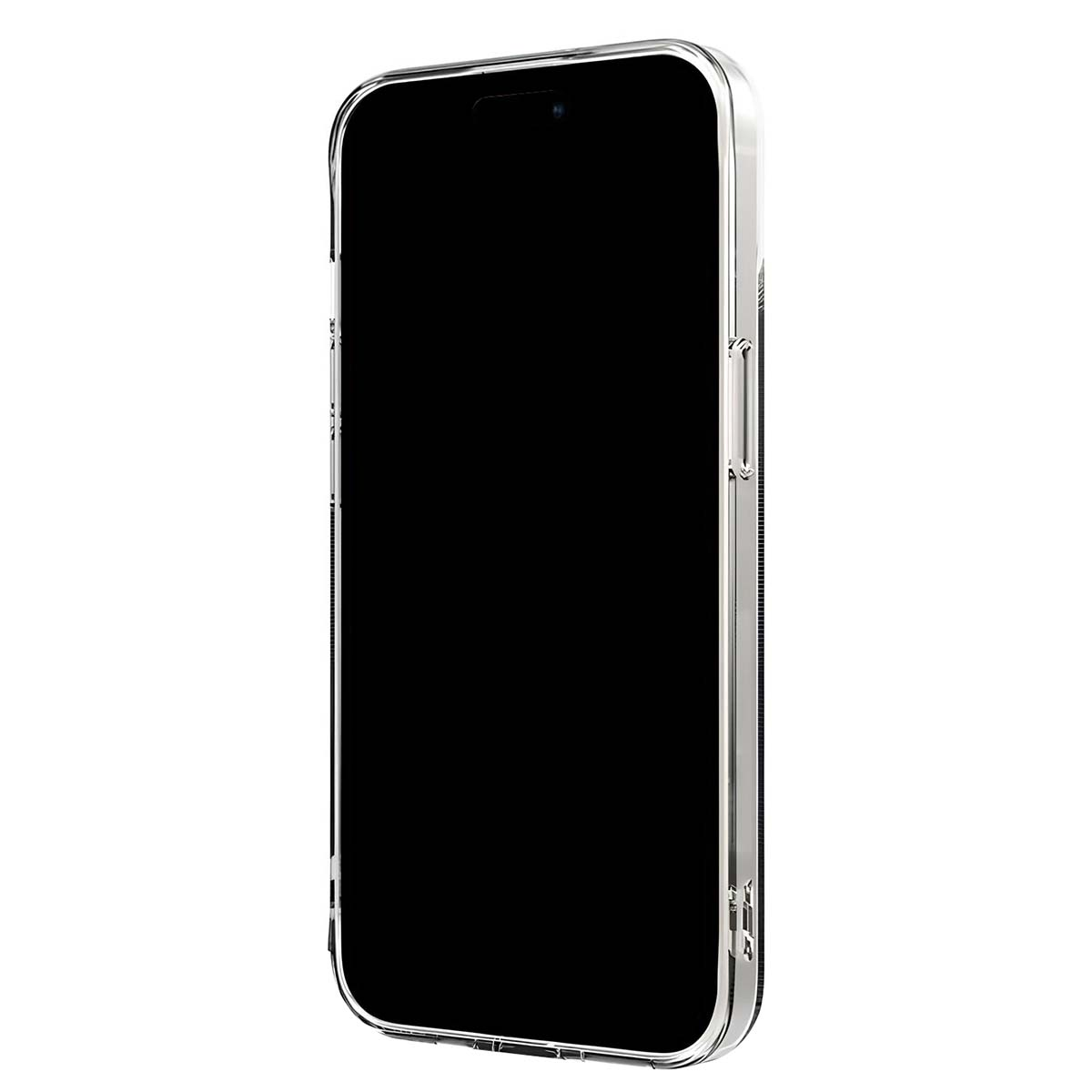 Uno smartphone con schermo nero, racchiuso in una custodia protettiva trasparente, su sfondo bianco.