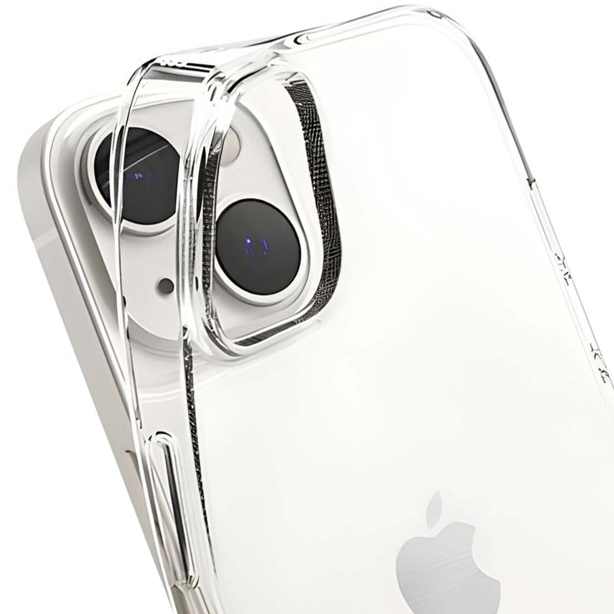 Primo piano di una custodia trasparente per telefono su un telefono bianco. La custodia ha un ritaglio per la fotocamera. Logo Apple visibile. Dettaglio in rete nera attorno alla fotocamera.