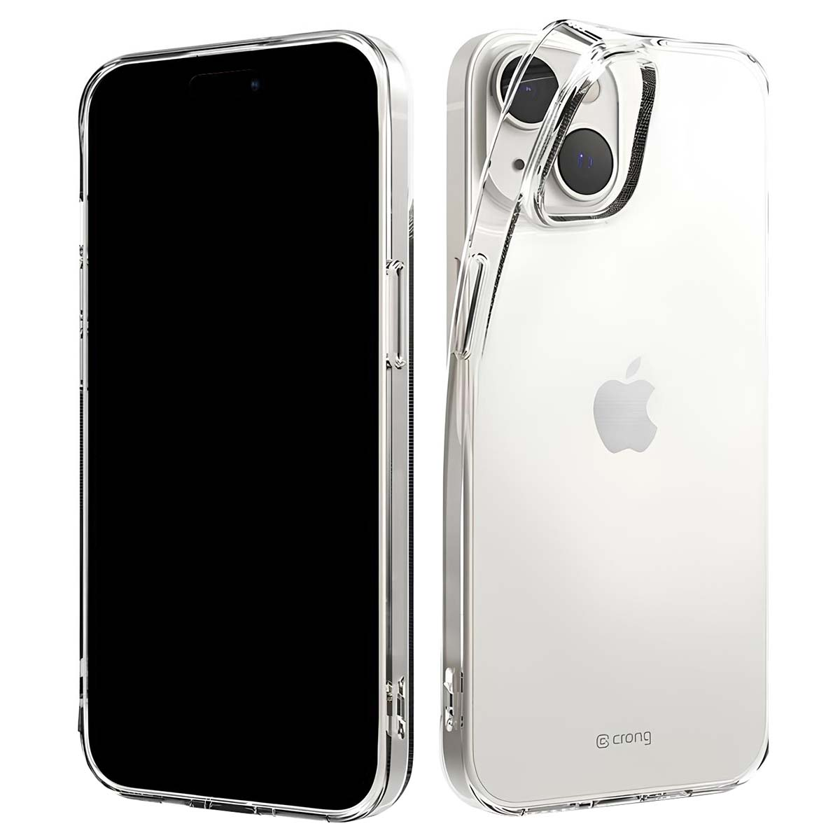 Sono mostrati due iPhone con custodie trasparenti. Uno mostra lo schermo, l'altro il retro con il logo Apple.