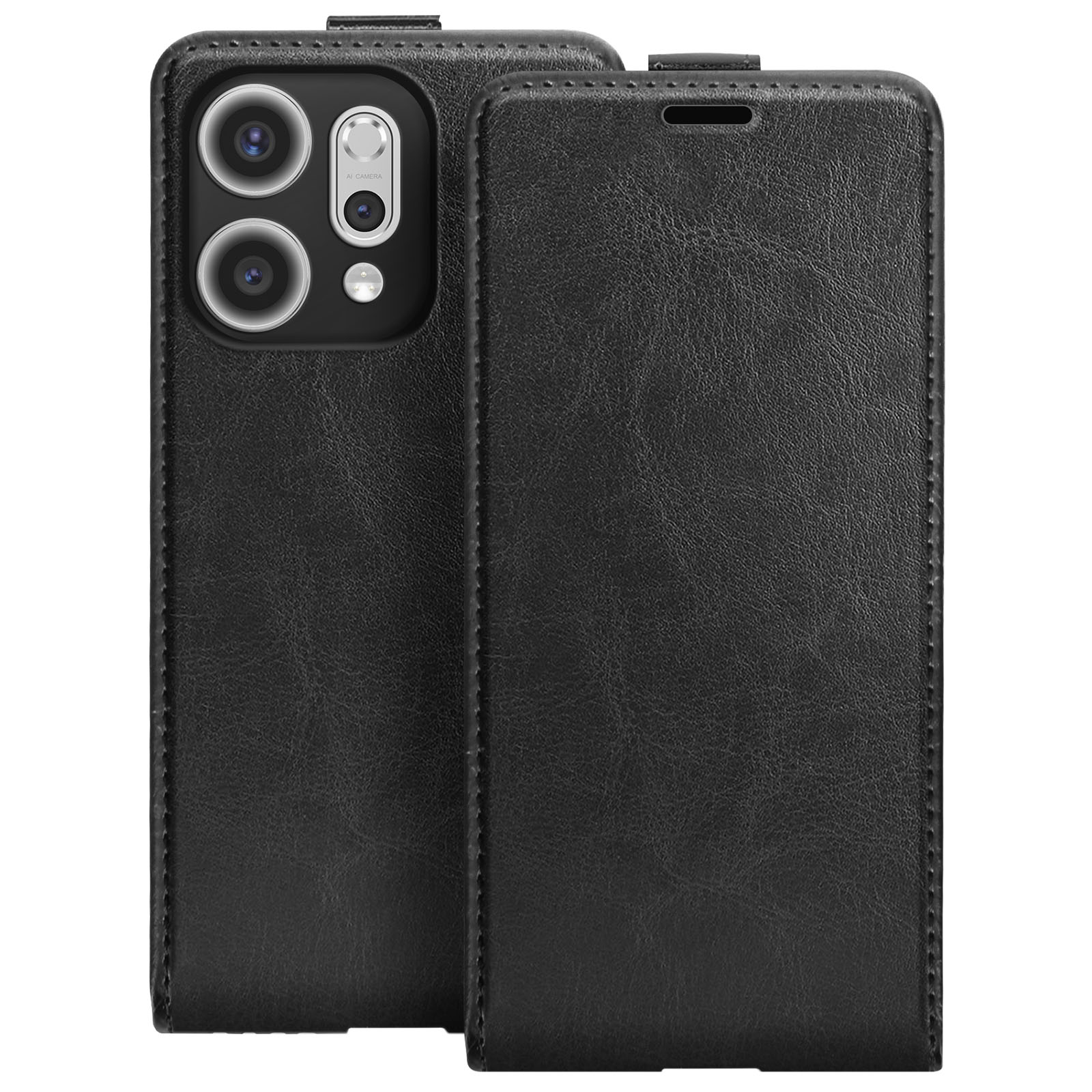 Custodia per telefono in pelle nera. La custodia è aperta, rivelando l'area della fotocamera del telefono. Lo sfondo è bianco.