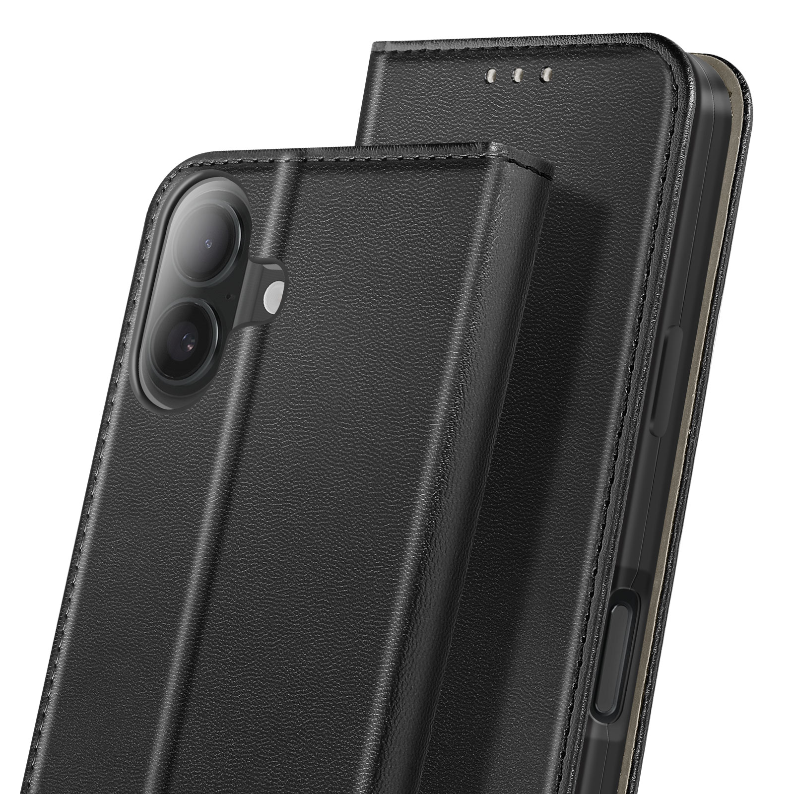 Zwarte leren telefoonhoes, gedeeltelijk open, met de camera van de telefoon. De hoes heeft een textuur.
