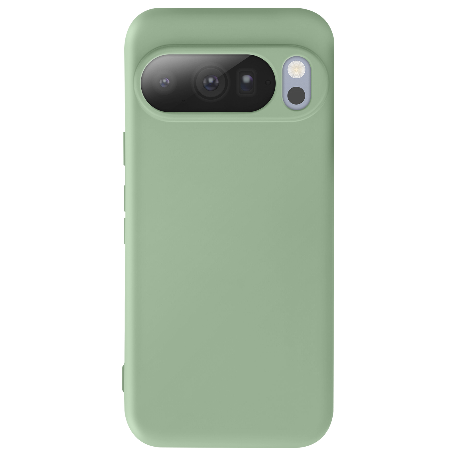 Een lichtgroene telefoonhoes met een cameramodule. De module bevat lenzen en een flitser.