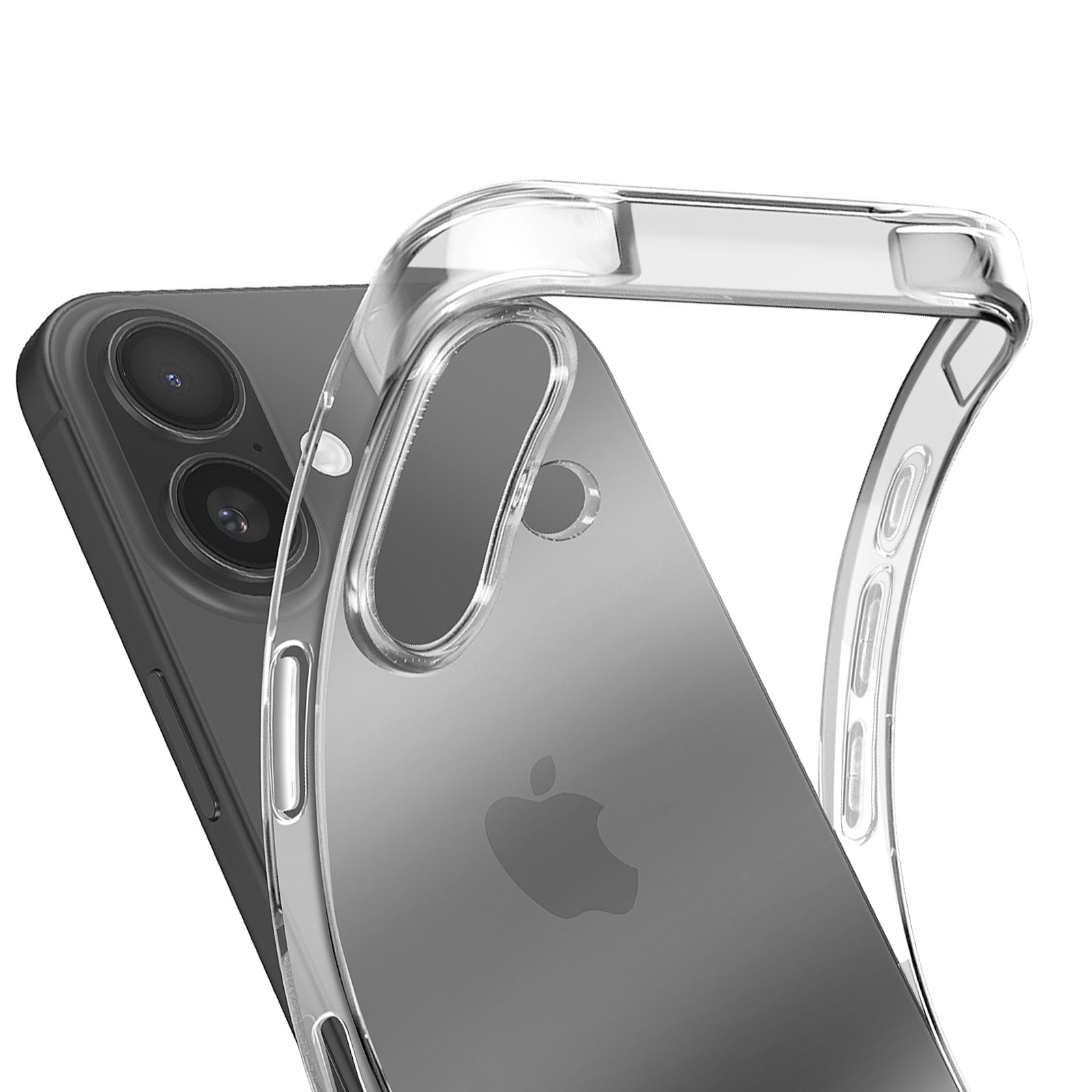 Transparante telefoonhoes over een grijze iPhone. De hoes is transparant. De telefoon heeft cameralenzen en een Apple-logo.
