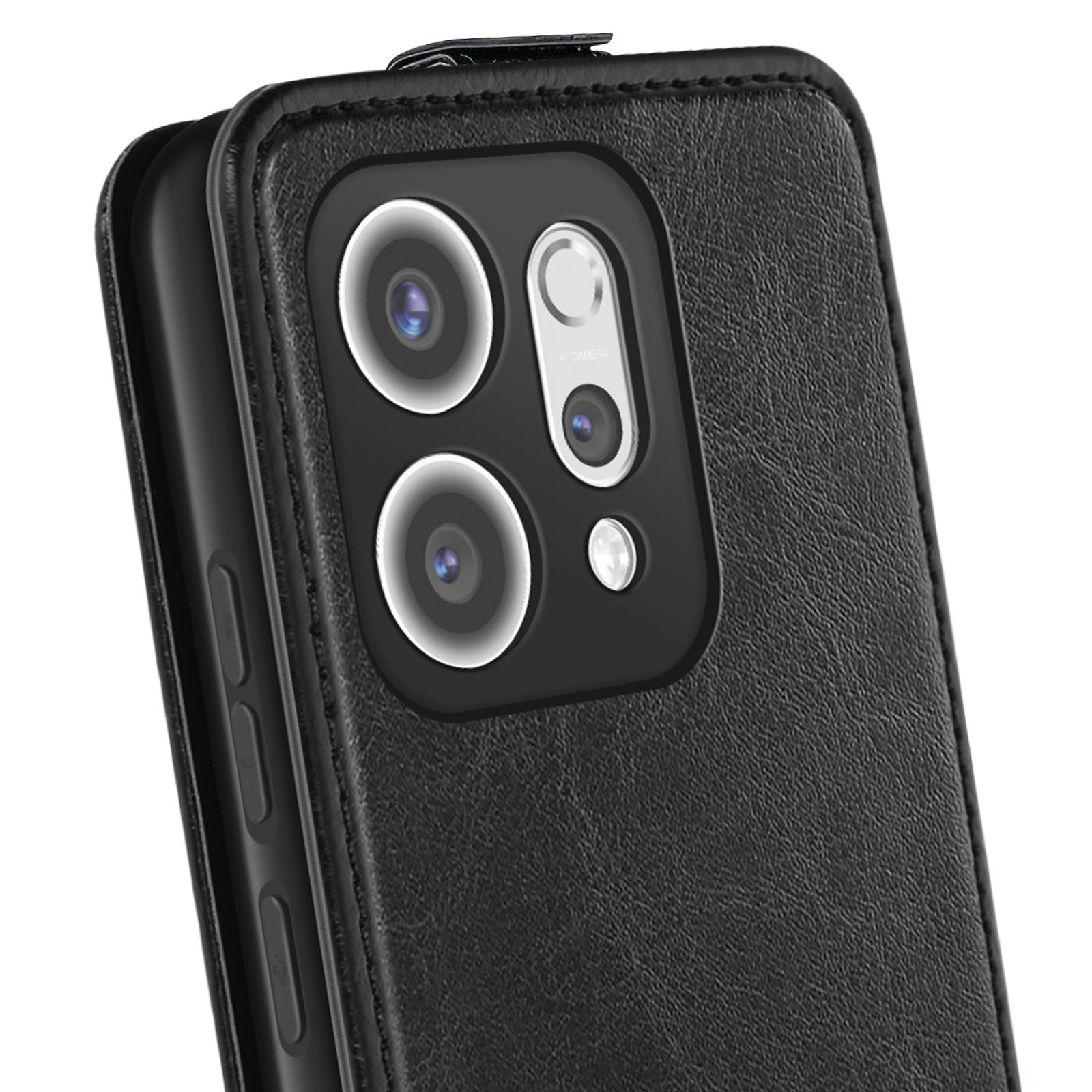 Custodia per telefono in pelle nera con lenti della fotocamera e un pulsante. La custodia copre il telefono, con superficie strutturata.