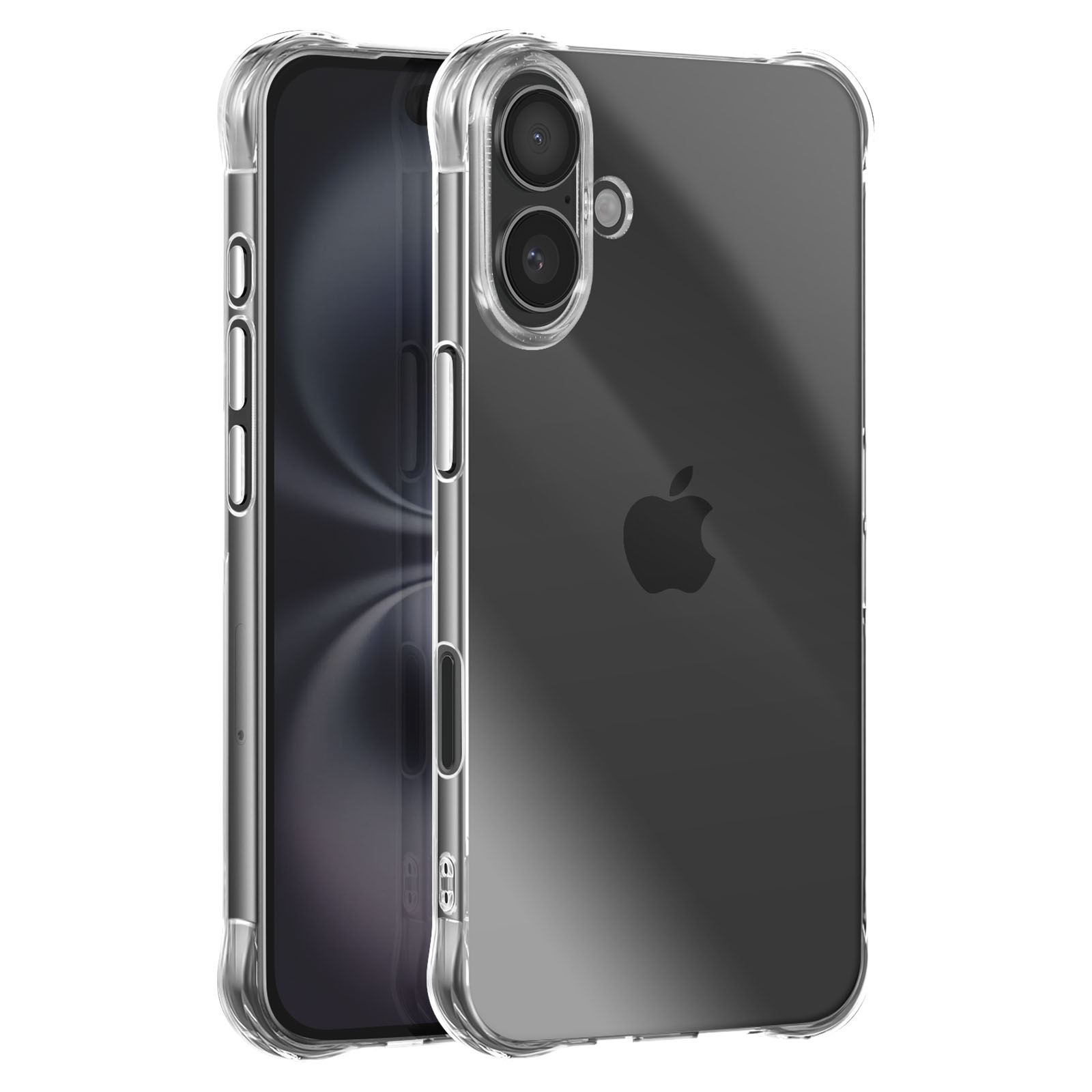 Transparante telefoonhoes op een smartphone. De hoes is transparant en toont de achterkant van de telefoon met een Apple-logo.