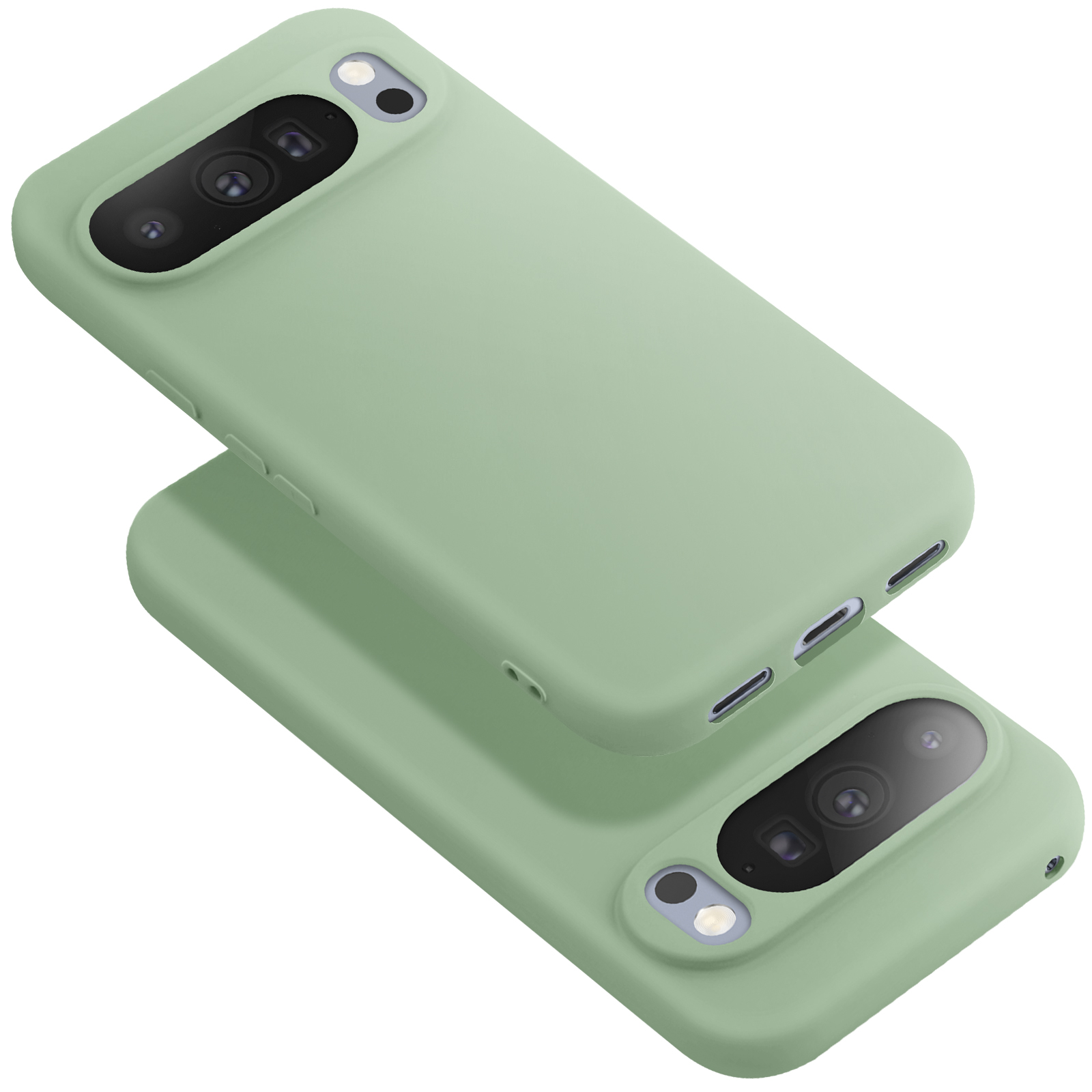 Twee lichtgroene telefoonhoesjes, de ene boven de andere, onder een hoek. Elk hoesje heeft uitsparingen voor camera en knoppen.