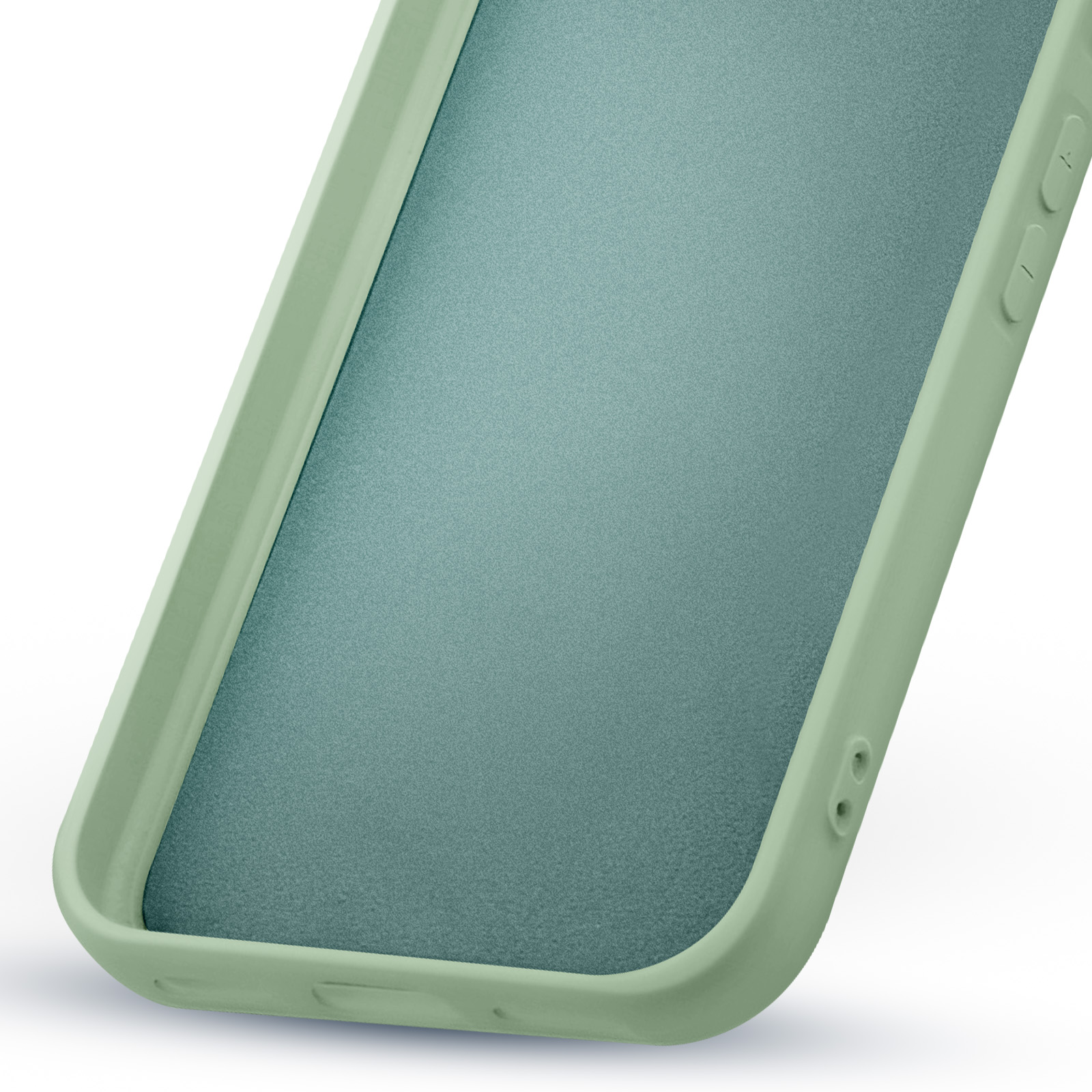 Close-up van een lichtgroene telefoonhoes. De binnenkant heeft een getextureerd, blauwgroen oppervlak. Knoppen zichtbaar.