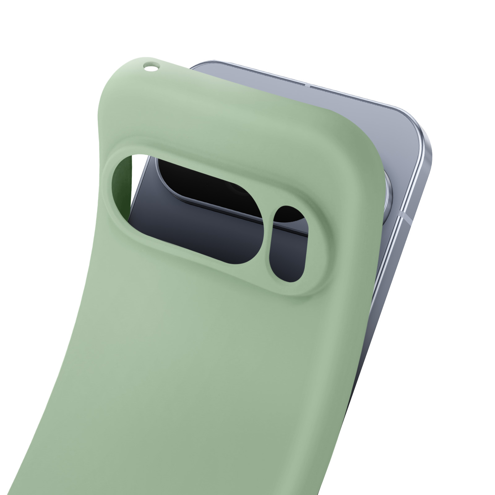 Een lichtgroene telefoonhoes bedekt gedeeltelijk een telefoon. De hoes heeft uitsparingen voor de camera en andere functies.