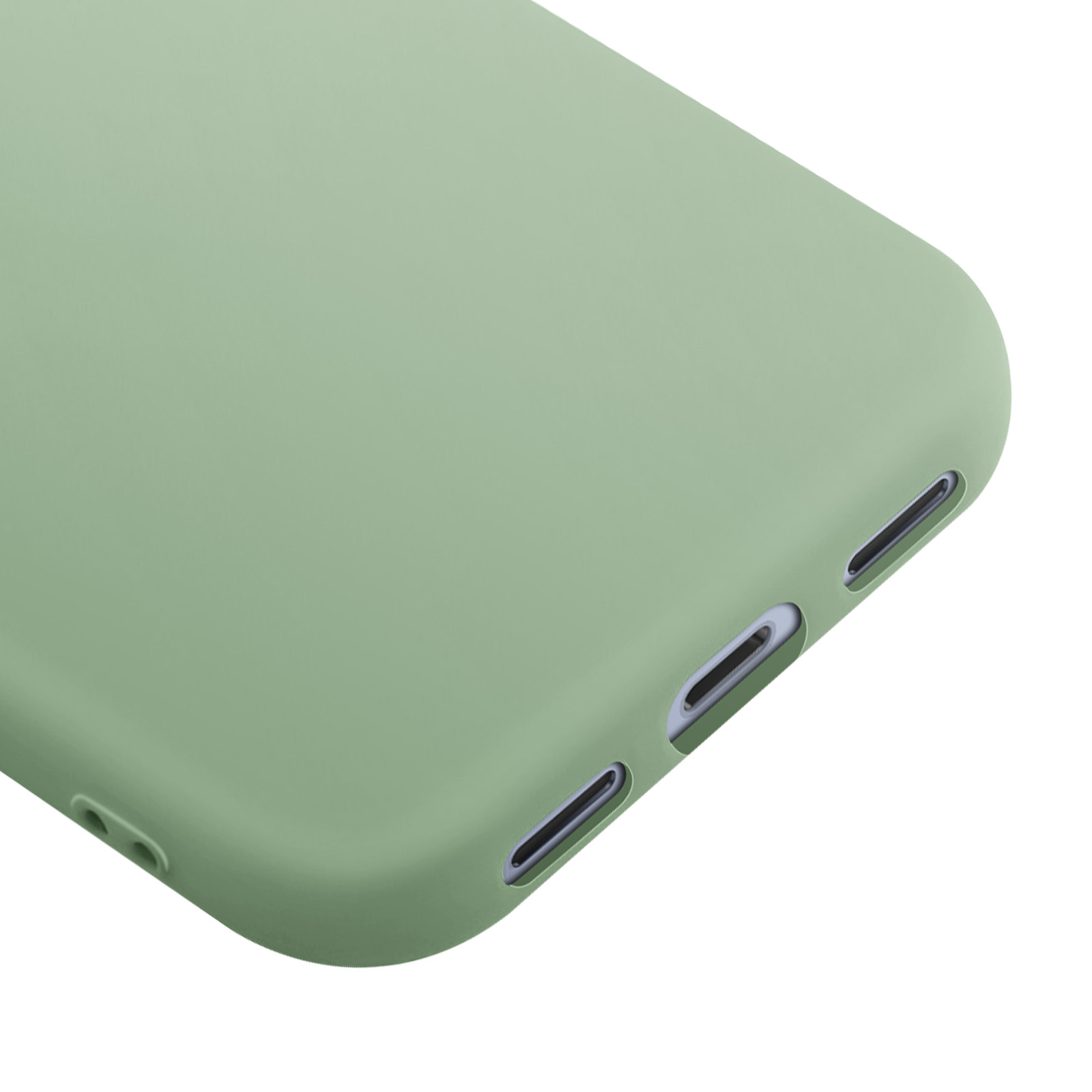 Close-up van een lichtgroene telefoonhoes. De hoes heeft verschillende openingen en een witte achtergrond.