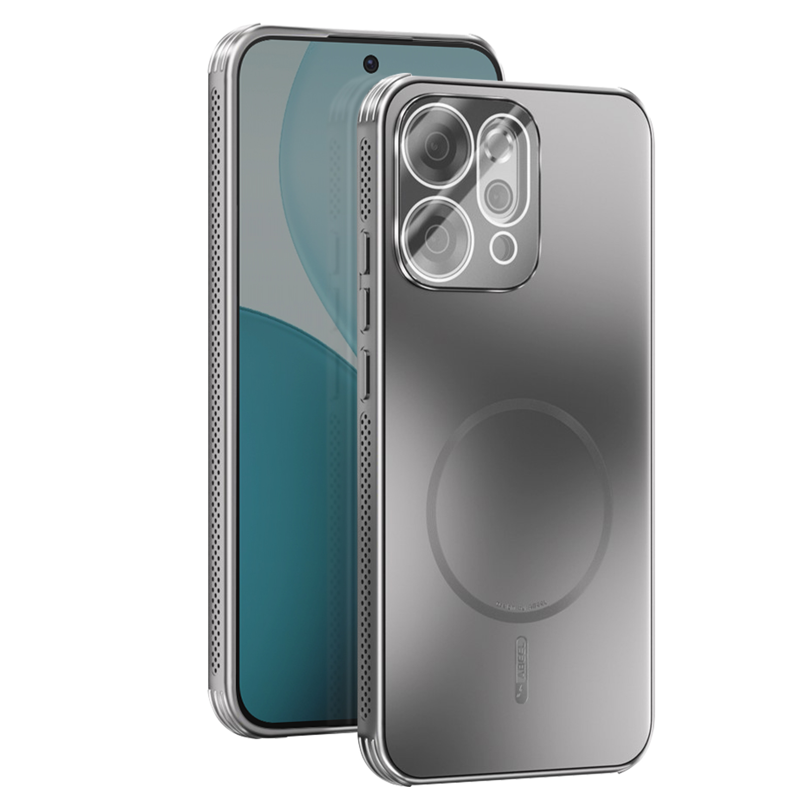 Uno smartphone con una custodia trasparente è su una superficie bianca. Il telefono ha uno schermo verde acqua e una fotocamera.