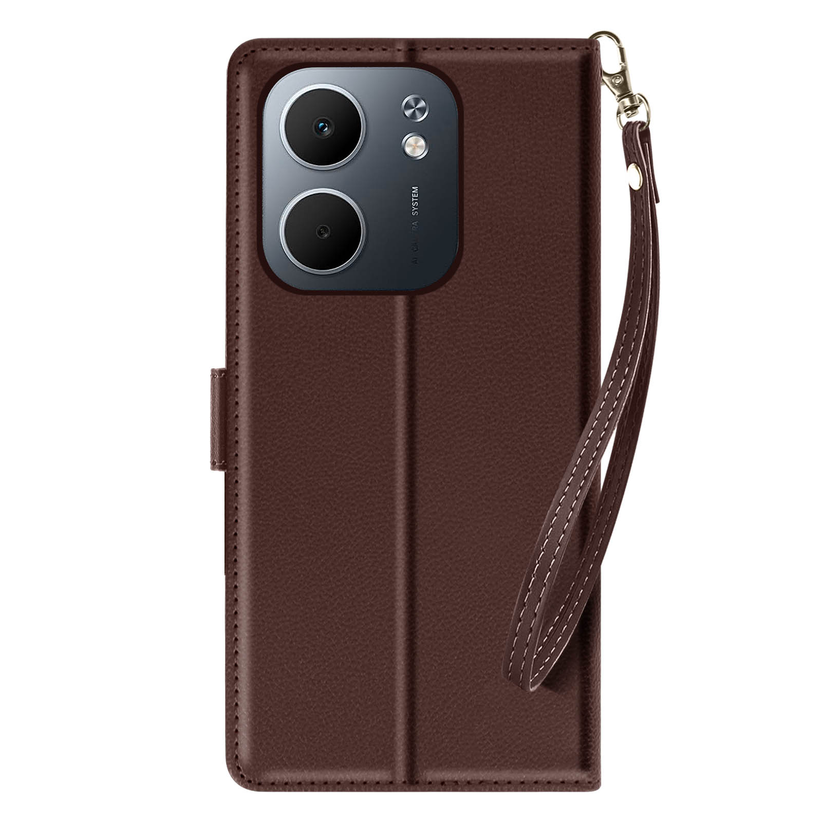 Custodia marrone per telefono con lenti della fotocamera, cinturino e cuciture bianche su sfondo bianco.