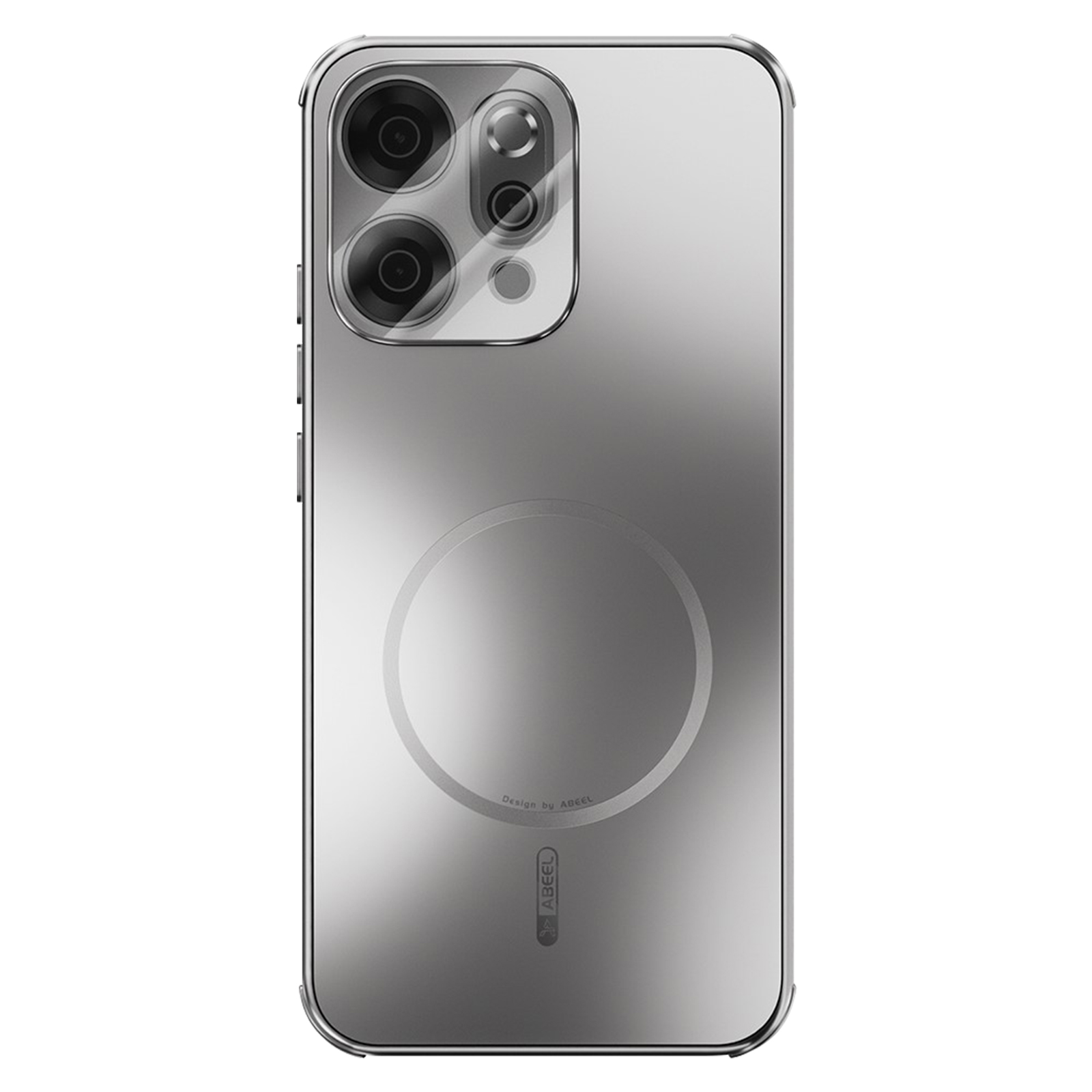 Una custodia per telefono argentata con obiettivi della fotocamera e un design circolare sul retro. Il marchio è ABEE.