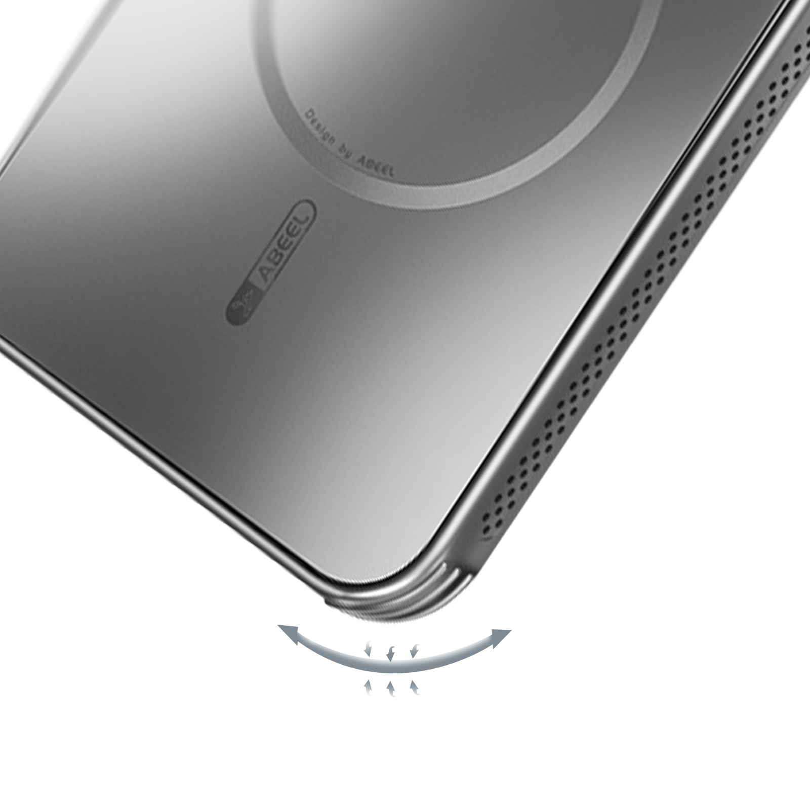Una custodia argentata per telefono con il marchio "ABEEL" è mostrata. Le frecce indicano una funzionalità. Il design è elegante con un bordo perforato.