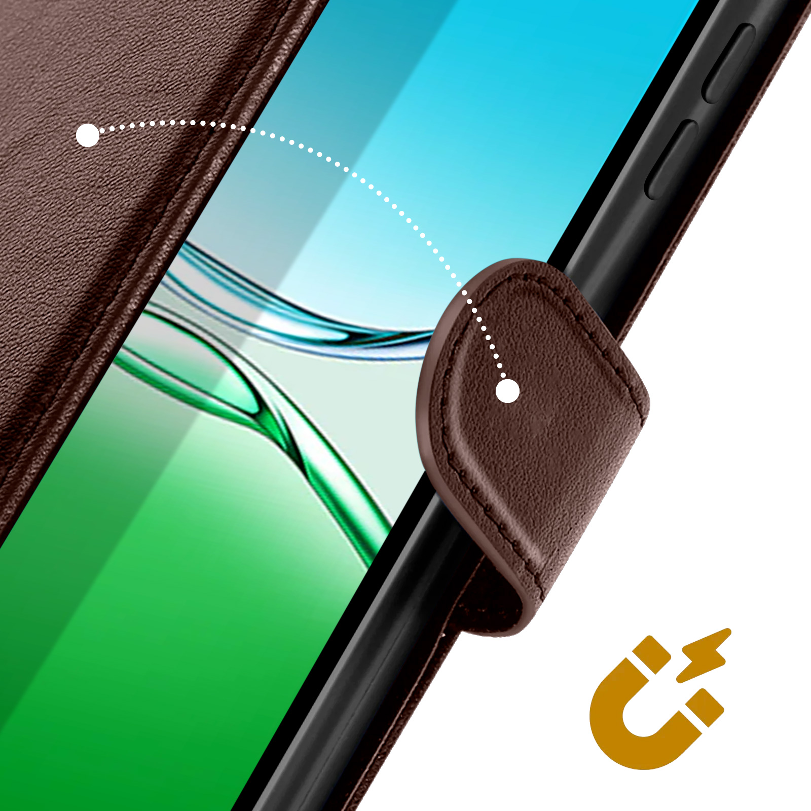 Primo piano di una custodia per telefono in pelle marrone con chiusura magnetica. Il display è verde e blu. Simbolo magnetico dorato nell'angolo.
